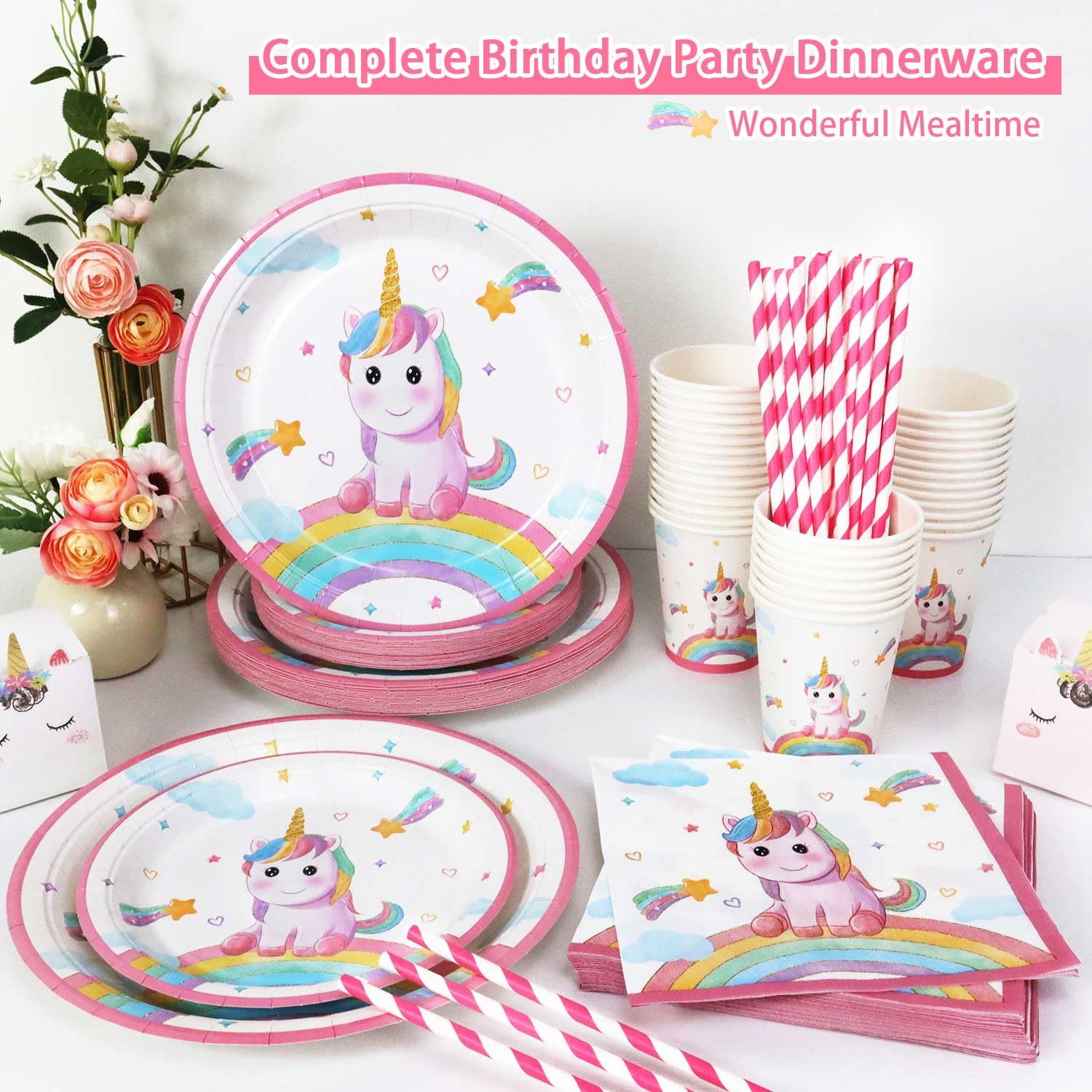 Set Stoviglie Unicorno Compleanno, 125pcs Rosa Decorazioni Unicorno Compleanno Bambina Piatti, Tovaglioli, Cannucce, Tazze per Primo Festa Bimba - 25 Ospiti