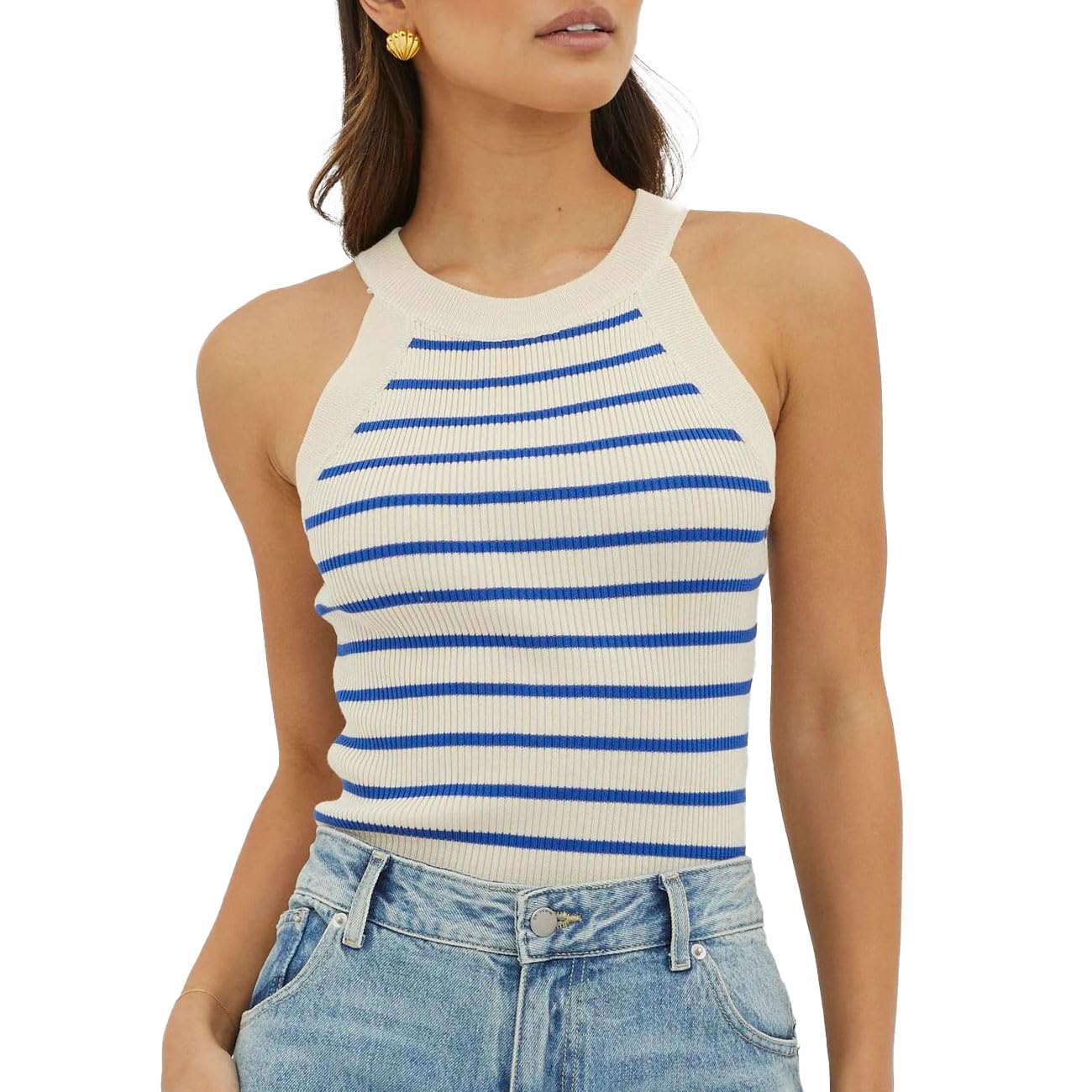 EMOTTOS Camiseta Sin Mangas para Mujer, Camisetas Rayas Camisetade Cuello Halter Verano, Cuello Redondo Tank Top sin Mangas Elegante Sexy Ajustada Casual para Mujeres, Negro/Azul/Negro y Blanco S-L
