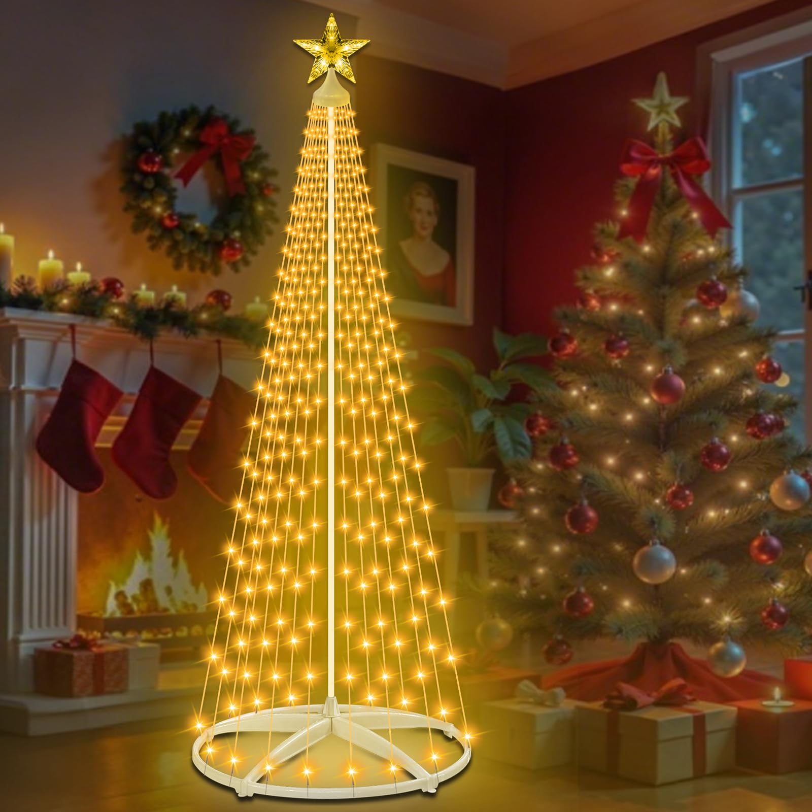 Christmas Cone Tree Lights, 2,28m 310 LED Décoration de Noël Extérieur, Sapin de Noel Lumineux, Guirlande Lumineuse d'Arbre de Noël,12 Modes, avec Télécommande pour Jardin ou Balcon (Blanc Chaud）