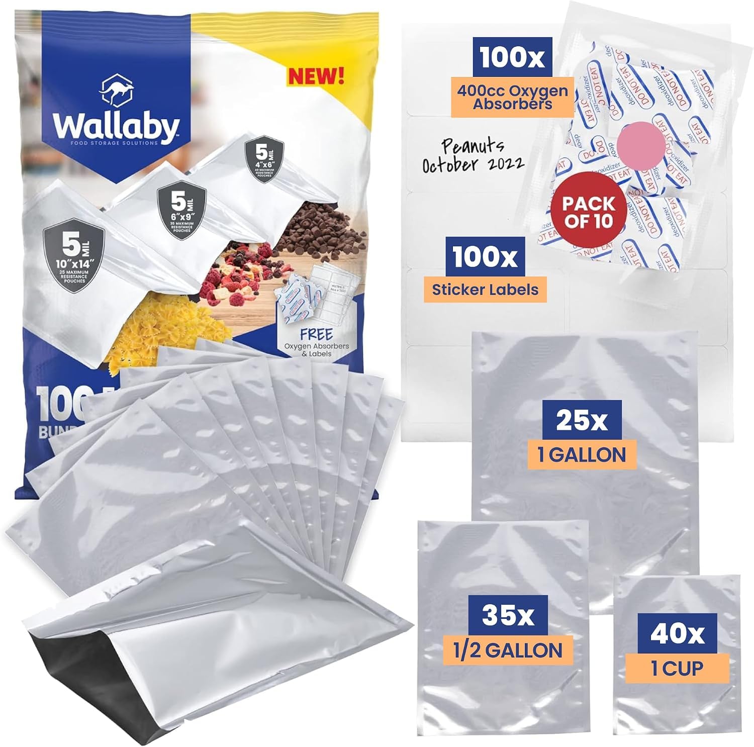 Wallaby multi-size Mylar bags with 400 cc absorbers, 100-pack