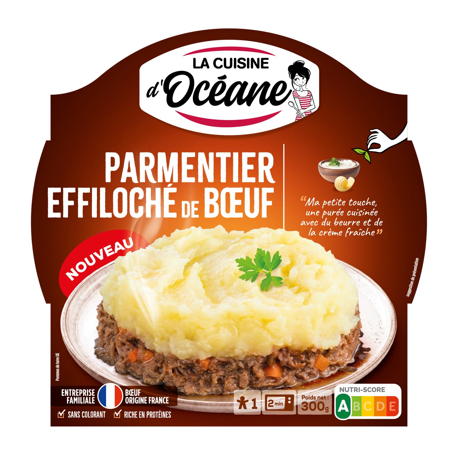 LA CUISINE D'OCEANE Hachis Parmentier Effiloché de Bœuf Origine France 300 g — Purée au Beurre et Crème Fraîche, Sans Colorant, Nutri-Score A - Lot de 3