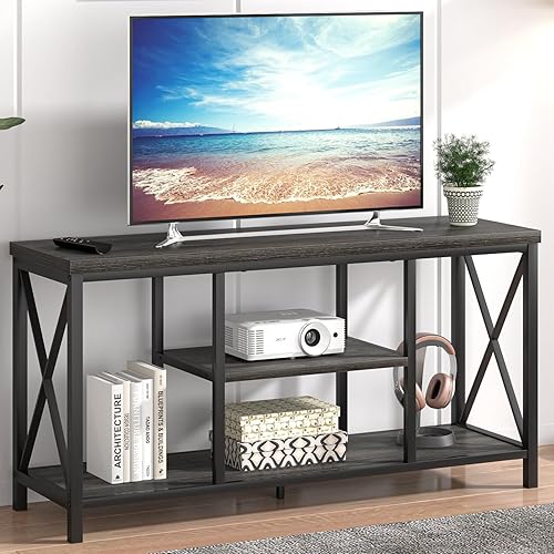 Miniatura 68 de FOLUBAN Soporte de TV para TV de hasta 65 pulgadas, centro de entretenimiento de madera rústica y metal con estantes de almacenamiento, mesa consola