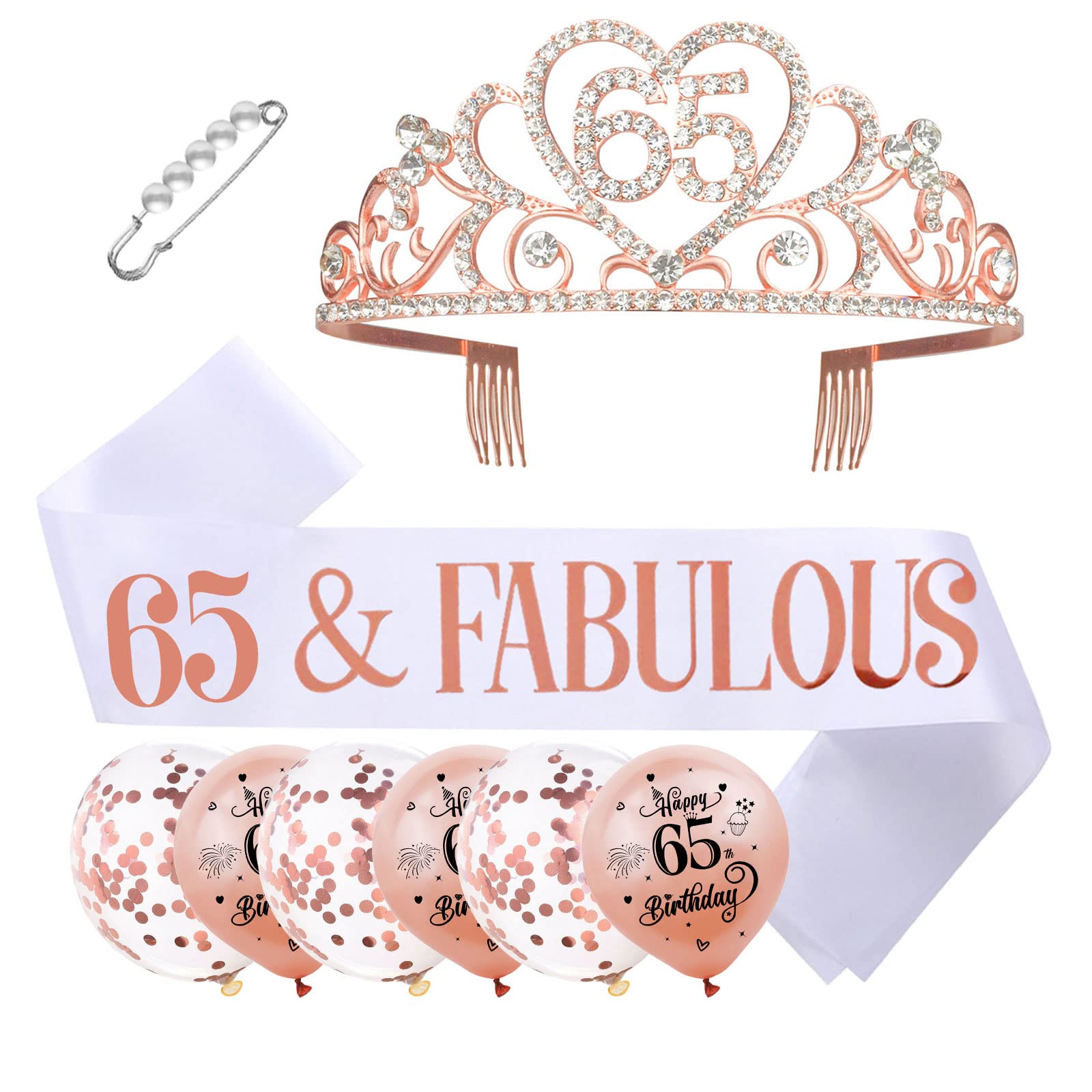 SKJIAYEE65th Birthday Tiara and Sash Kit - 65 & FABULOUS White Birthday Sashes and Rose Gold Rhinestone Birthday Crown for Women 65th Birthday Party Supplies
