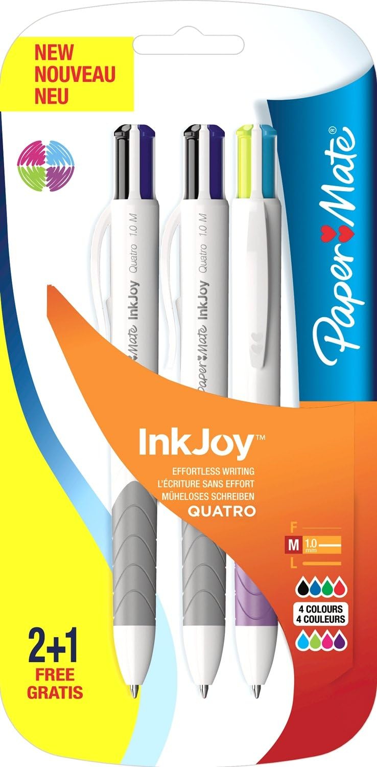 Paper Mate Inkjoy Quatro Retractable Ball Pen Medium Tip 1.0mm - Assorted Fun Colours (Pack of 2 + 1)