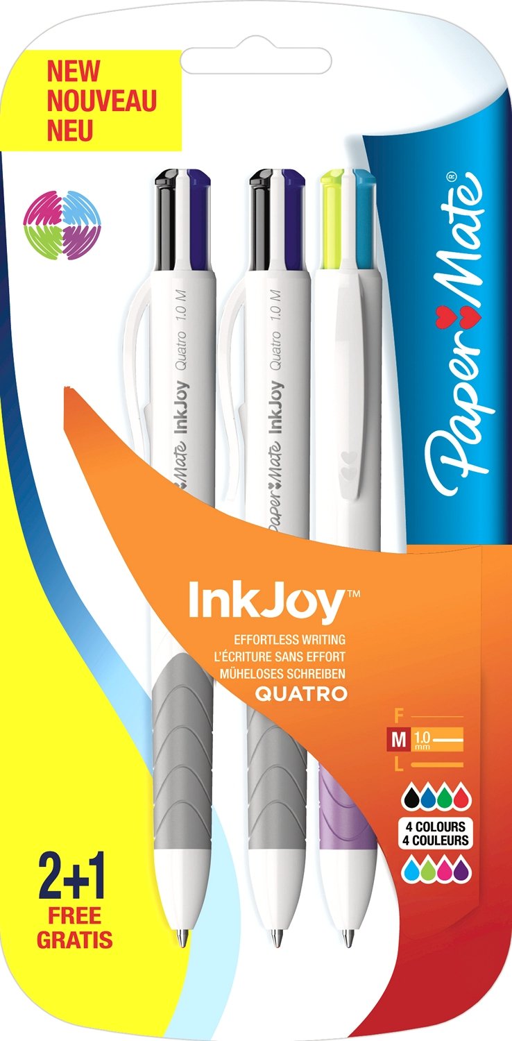 Paper Mate Inkjoy Quatro Retractable Ball Pen Medium Tip 1.0mm - Assorted Fun Colours (Pack of 2 + 1)
