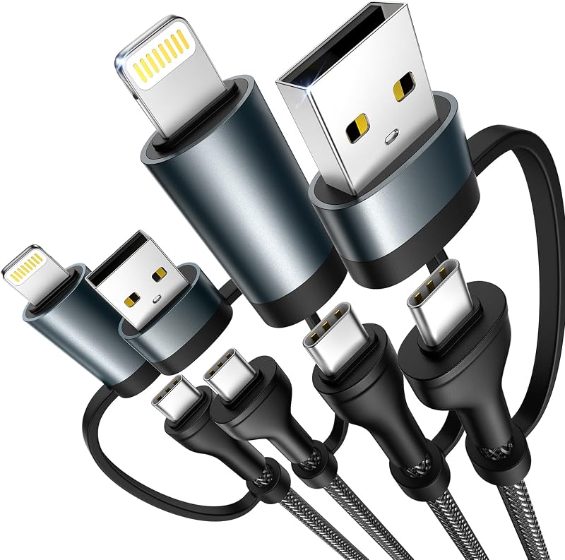 Cable de carga 4 en 1 [2 unidades de 6.6 pies] Cable de carga rápida de 60 W Cable Lightning certificado Apple MFi Cable multi USB C trenzado de nailon para iPhone 16/15 14 13 iPad Samsung Galaxy MacBook iPad Tabletas y más