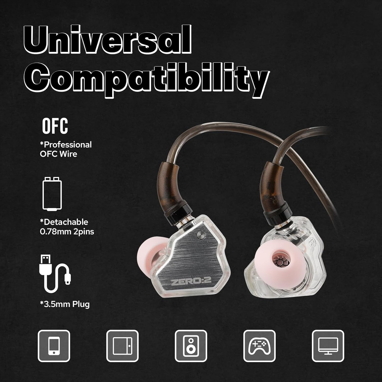 Linsoul 7Hz x Crinacle Zero:2 IEMs with detachable OFC cable and 3.5mm plug, illustrating universal compatibility