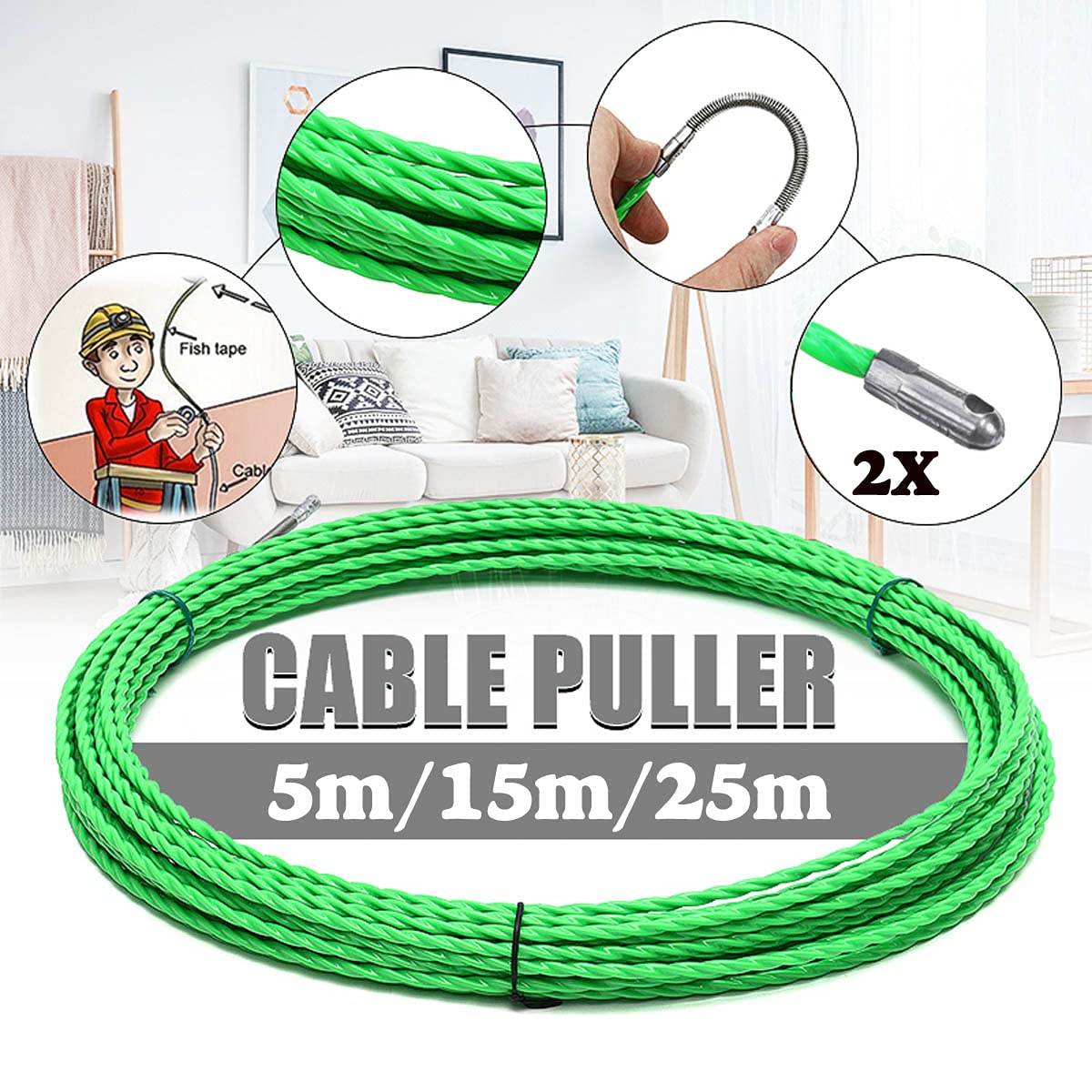 Extractor de cables de cinta pasacables, Cable de fibra vidrio 4 mm, extractor cable eléctrico con cinta extracción peces, pasacables for conductos extractores(25m)
