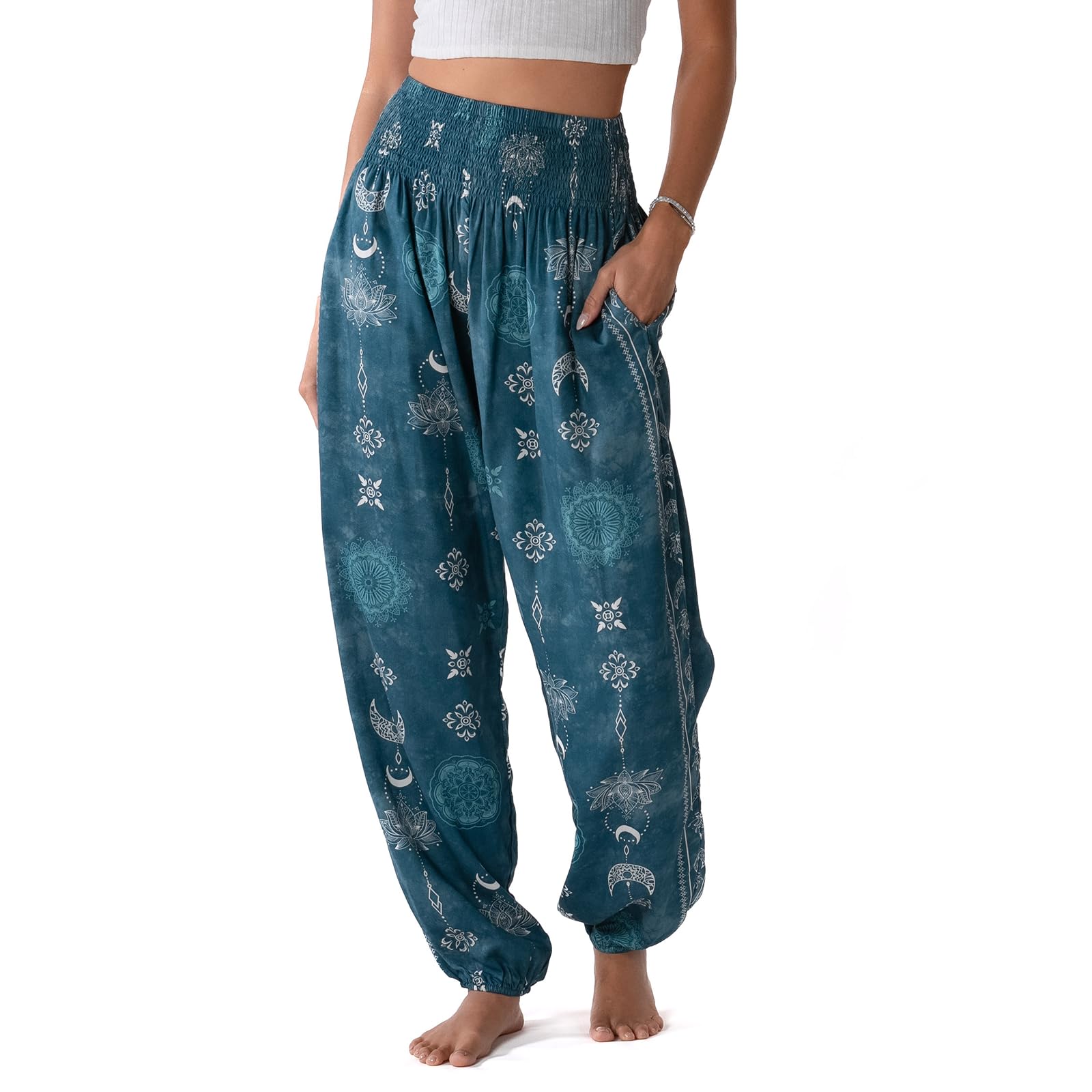 Lotus and Luna Women's Harem Pants Thai Pants for Beach &amp; Lounge High Waisted Flowy Boho Pants Genie Pants Yoga Pants