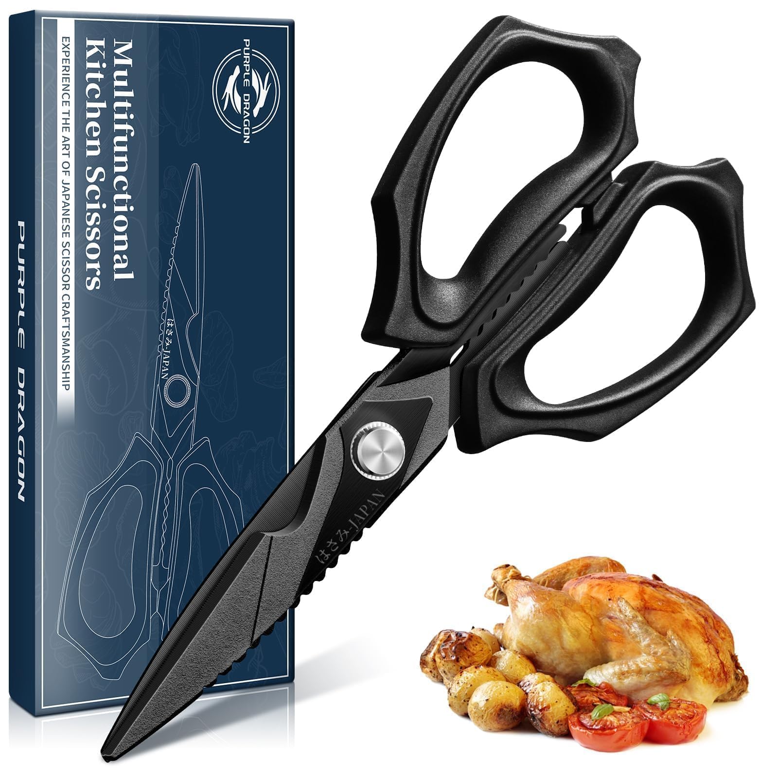 Purple Dragon Forbici da cucina – Giappone SK5 acciaio multiuso forbici domestiche resistenti alla corrosione rivestimento in titanio nero per pollame, frutti di mare, pesce, verdure e altri alimenti