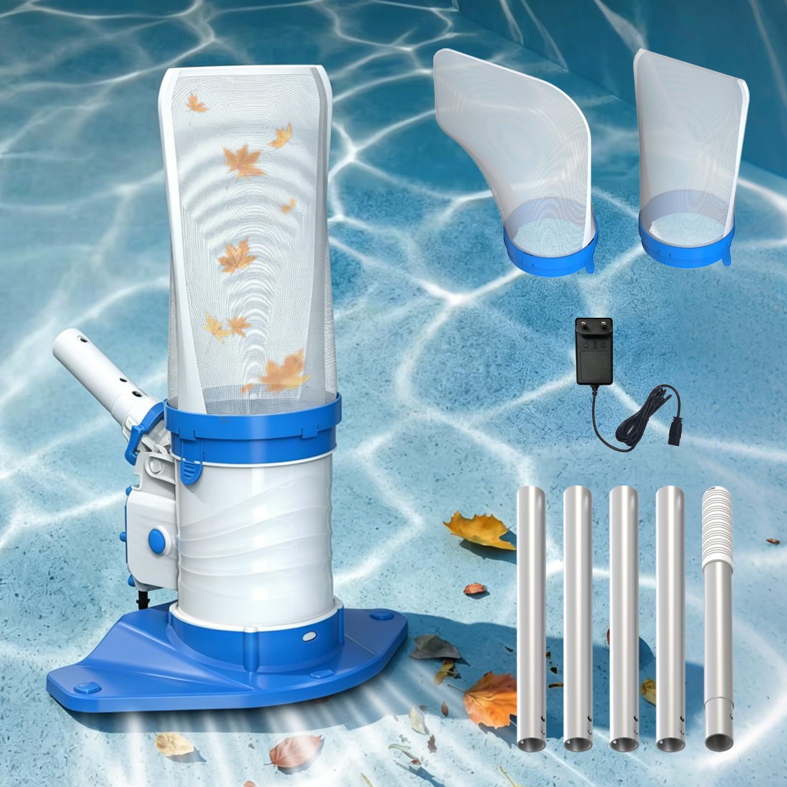 Aspiradora de Hojas de Piscina, Desnatador de Piscina para Hojas y Desechos en Piscinas Enterradas y Sobre el Suelo, Recogehojas para Piscinas con Bolsas de Filtro Estándar y Finas, Azul