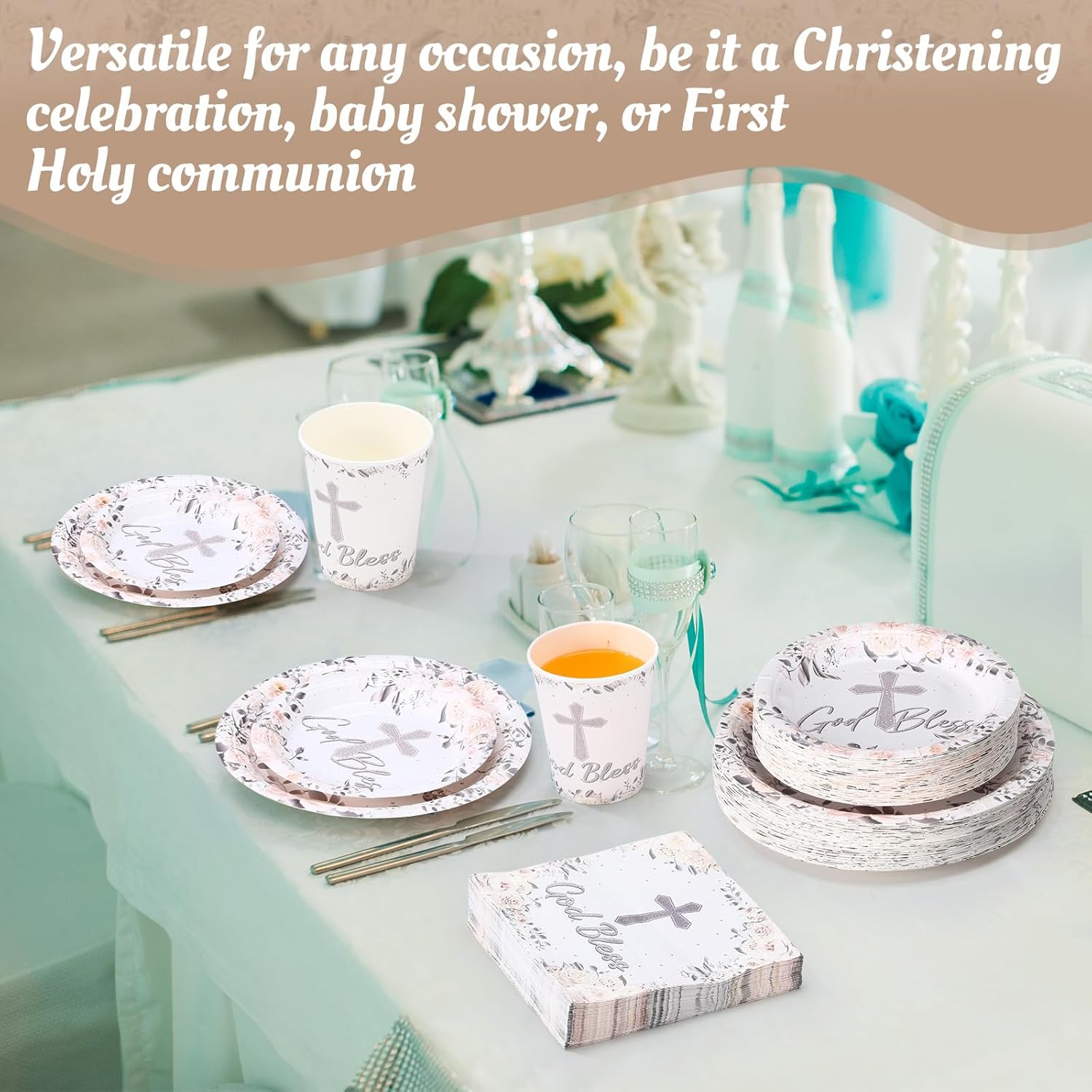 Pickmesh 250 Pcs Silver God Bless Baptism Tableware Set First Holy Communion Baptism Disposable Cross Floral Paper Plates Napkins and Cups for Christening Celebration Baby Shower Religious Supplies