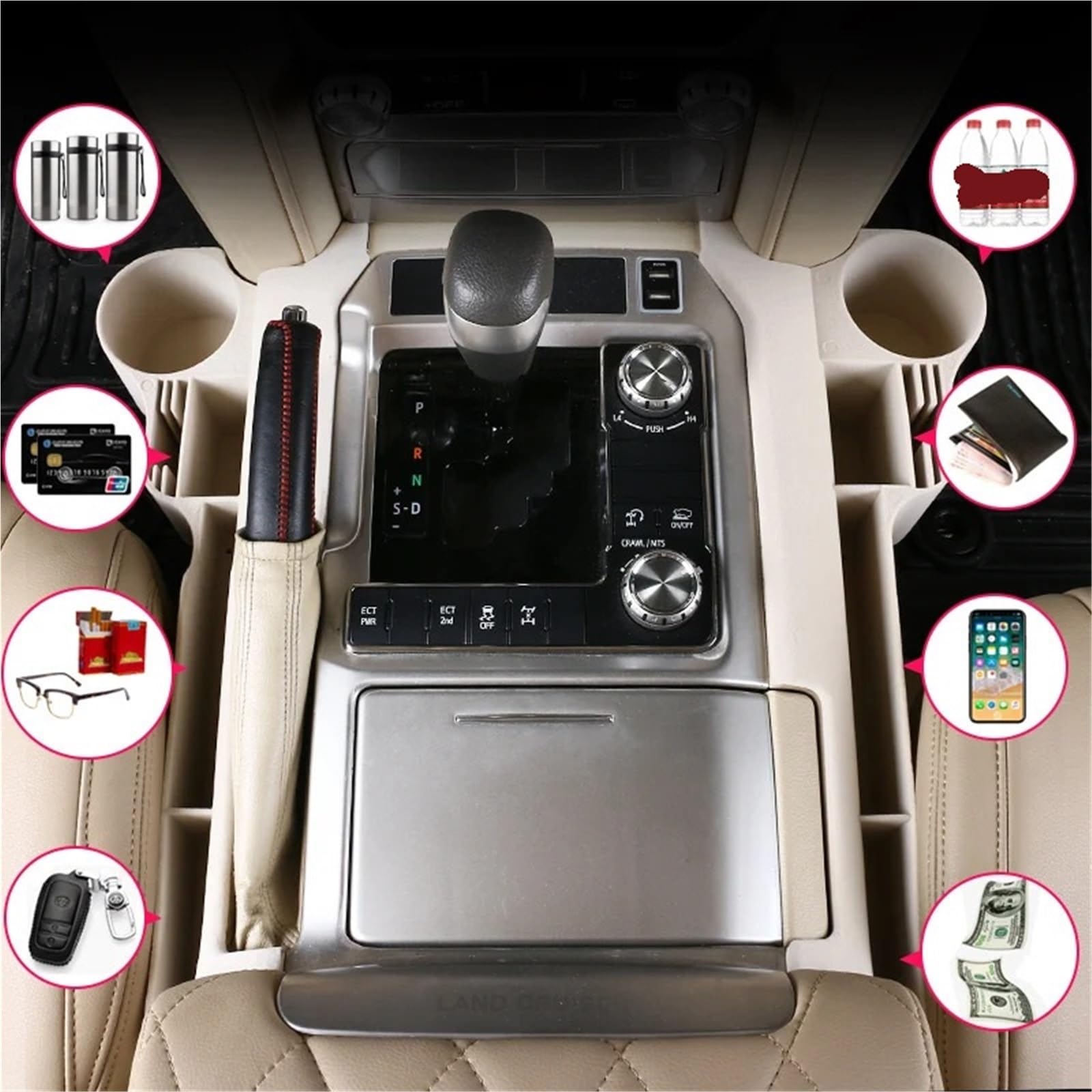 Ochrona Podłokietnika Pasuje do Toyoty, pasuje do Land, pasuje do Cruiser 200 LC200 2008-2022, schowek, tacka na kubki, modernizacja wnętrza Skórzana poduszka na podłokietniki(E)