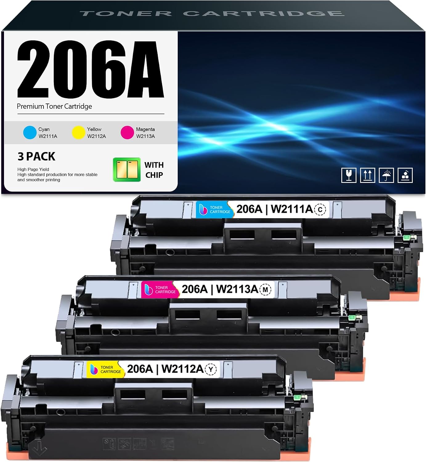 206A Toner Cartridges 3 Pack with Chip Replacement for HP 206A Works with Color Pro MFP M283fdw M283cdw M255dw M283 M255 Printer High Yield Ink-W2111A W2112A W2113A