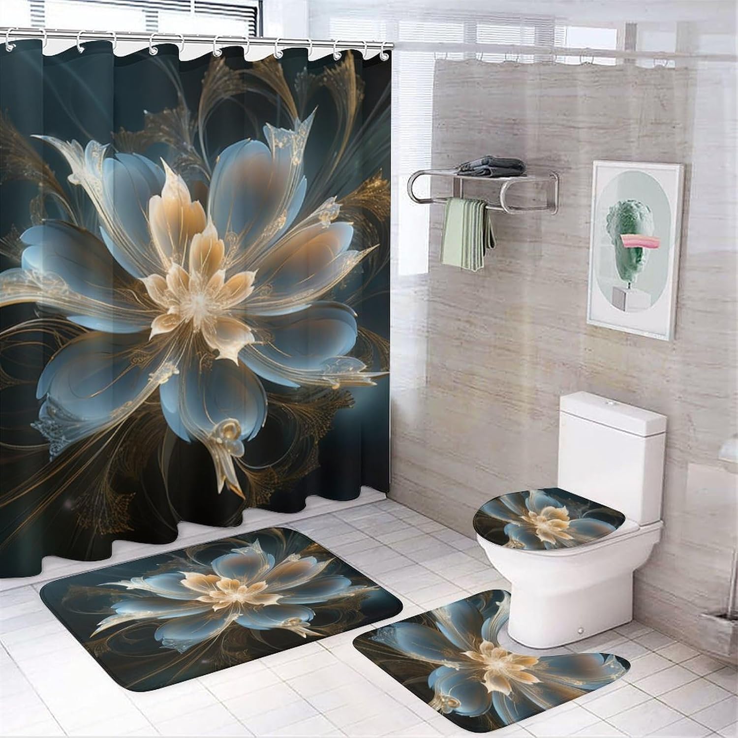 HighonHi Little Beauty Modern Blue Gold Fractal Art Flower