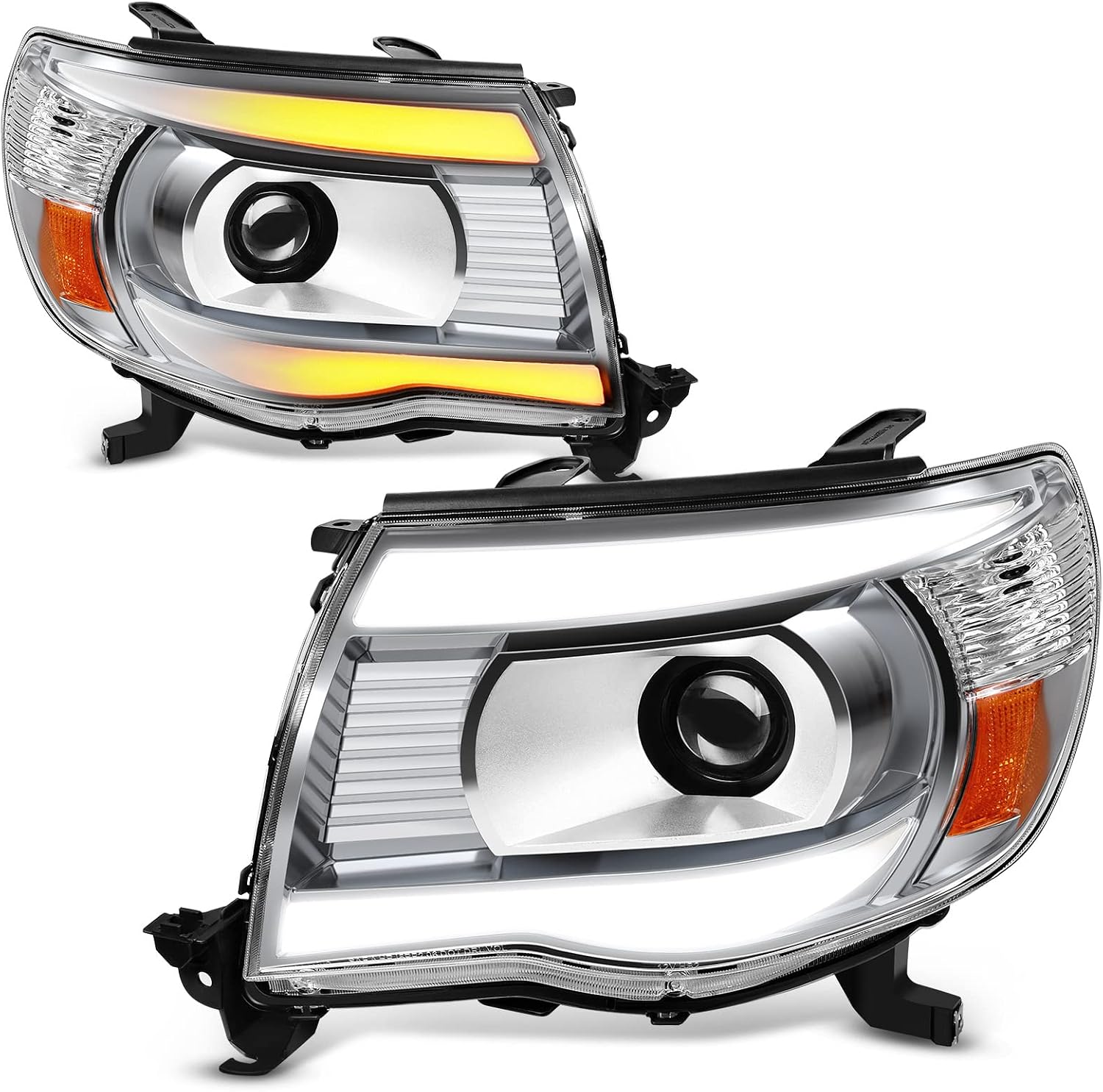 AUTOSAVER88 Projector Headlights Assembly Compatible with 2005 2006 2007 2008 2009 2010 2011 Tacoma Headlamp with Switchback LED Tube Parking Turn Signal Light Chrome Housing Clear Lens