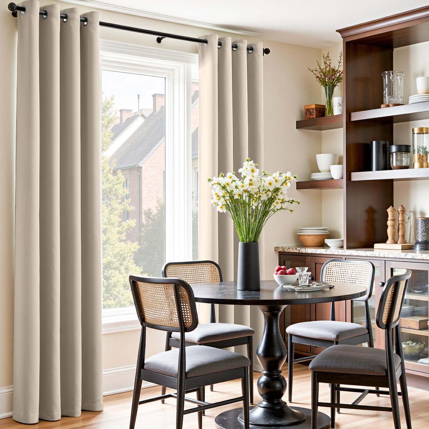 Vangao Rideau Occultant avec Oeillets Salon Fenetre Chambre Rideaux Thermiques avec Œillets 140L x 175H cm Lot de 2 Passe Tringle Opaque Moderne Interieur Anti-Bruit et UV, Beige