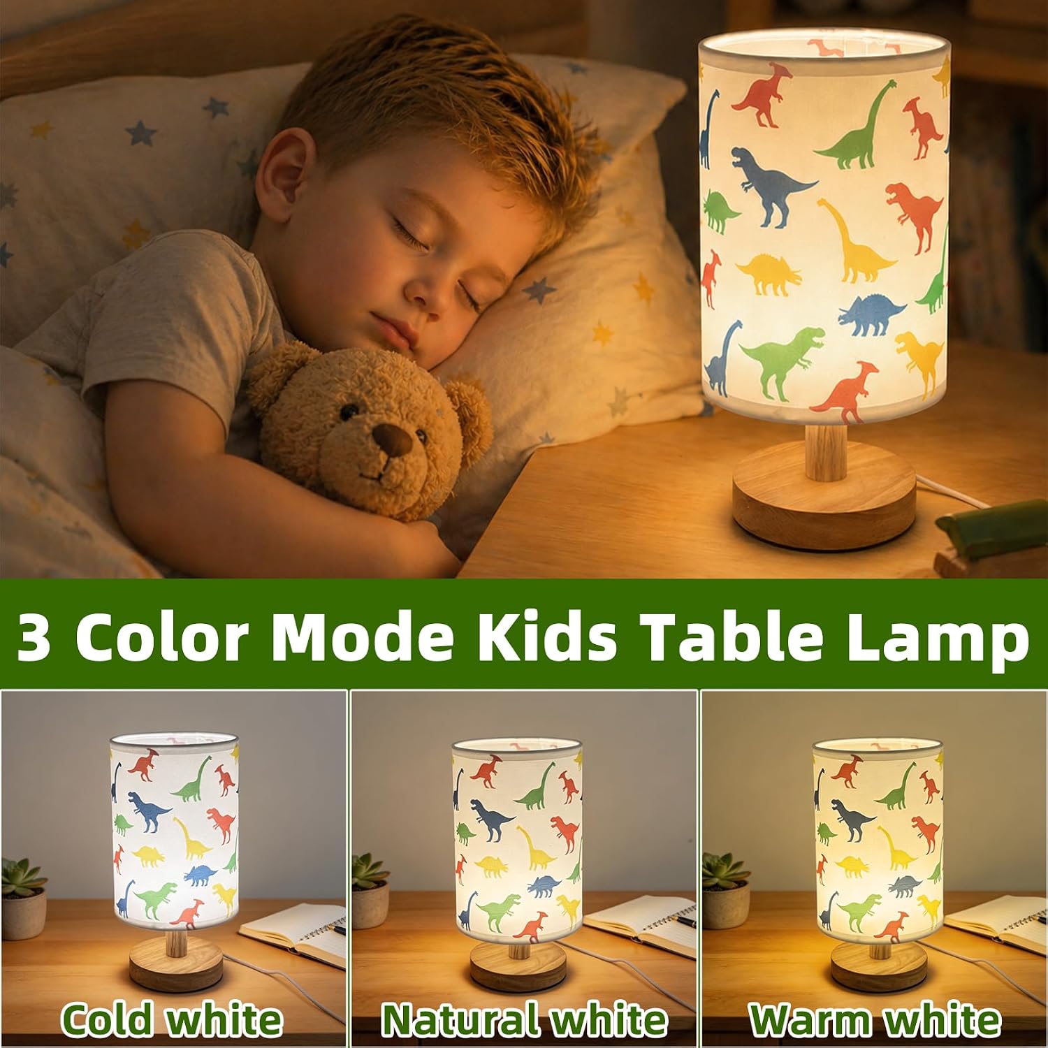 Dinosaur Kids Table Lamp for Bedroom Boys Bedside Lamps,3 Colors Dimmable Dinosaur Nightstand Night Light with Cartoon Lampshade Desk Lamp for Girls Boys Room Nursery Decor Dino Birthday Gifts for Boy image 2