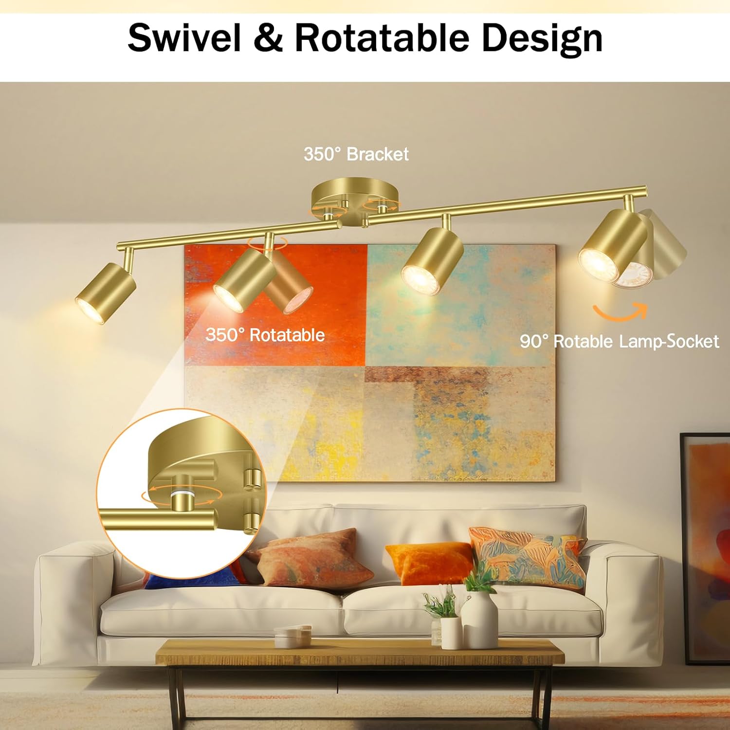 BoostArea Gold LED 4 Light Track Lighting Kit, 4 Way Ceiling Spot Lighting, Flexibly Rotatable Light Head for Kitchen, Living Room, Bedroom, Bulb Not Included