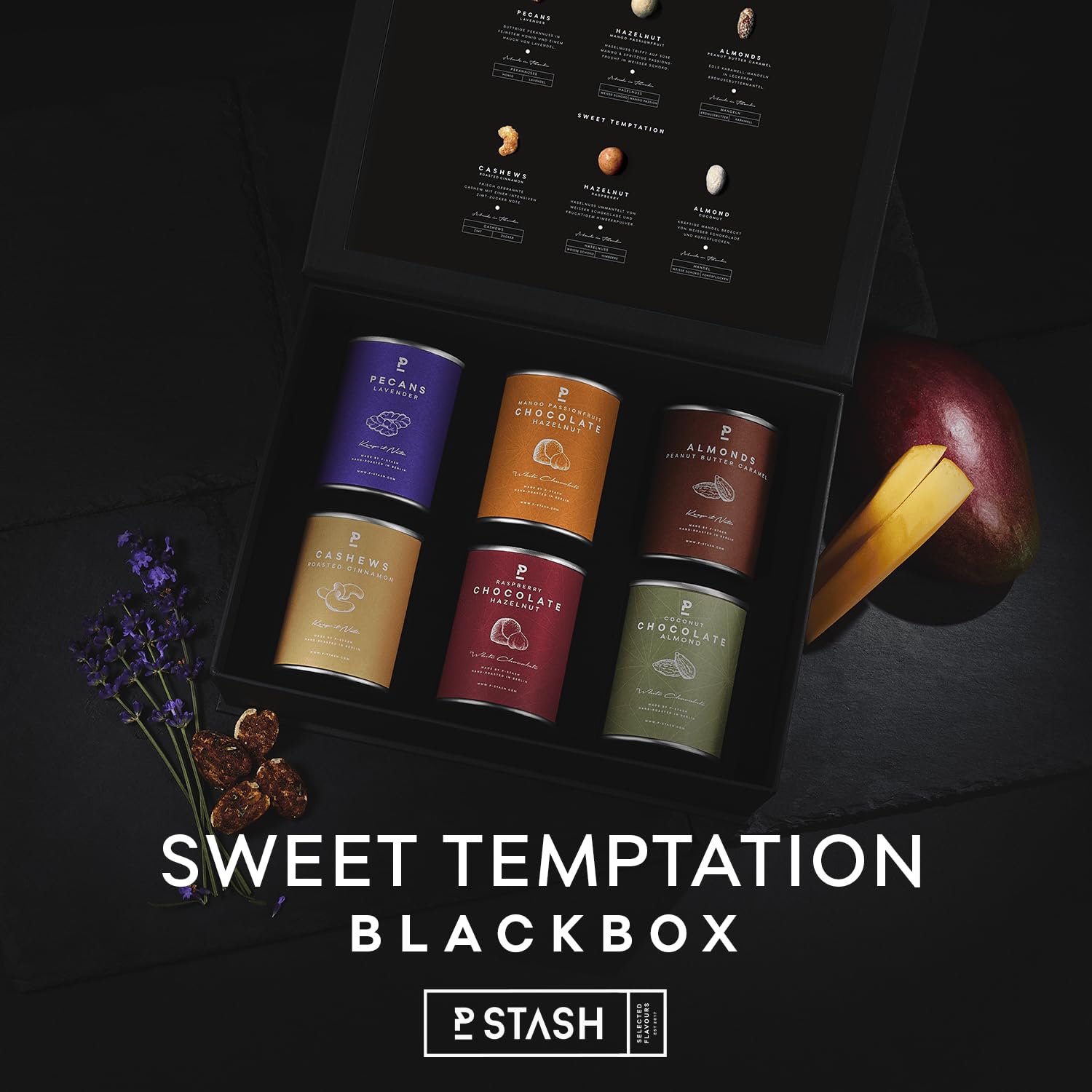 P-Stash Black Box Nussmischung Sweet Temptation - 6er Box Nüsse Mix - Pekannüsse, Haselnüsse, Mandeln & Cashews - Mixed Nuts mit einzigartigen Gewürzkombinationen, handgeröstet in Berlin