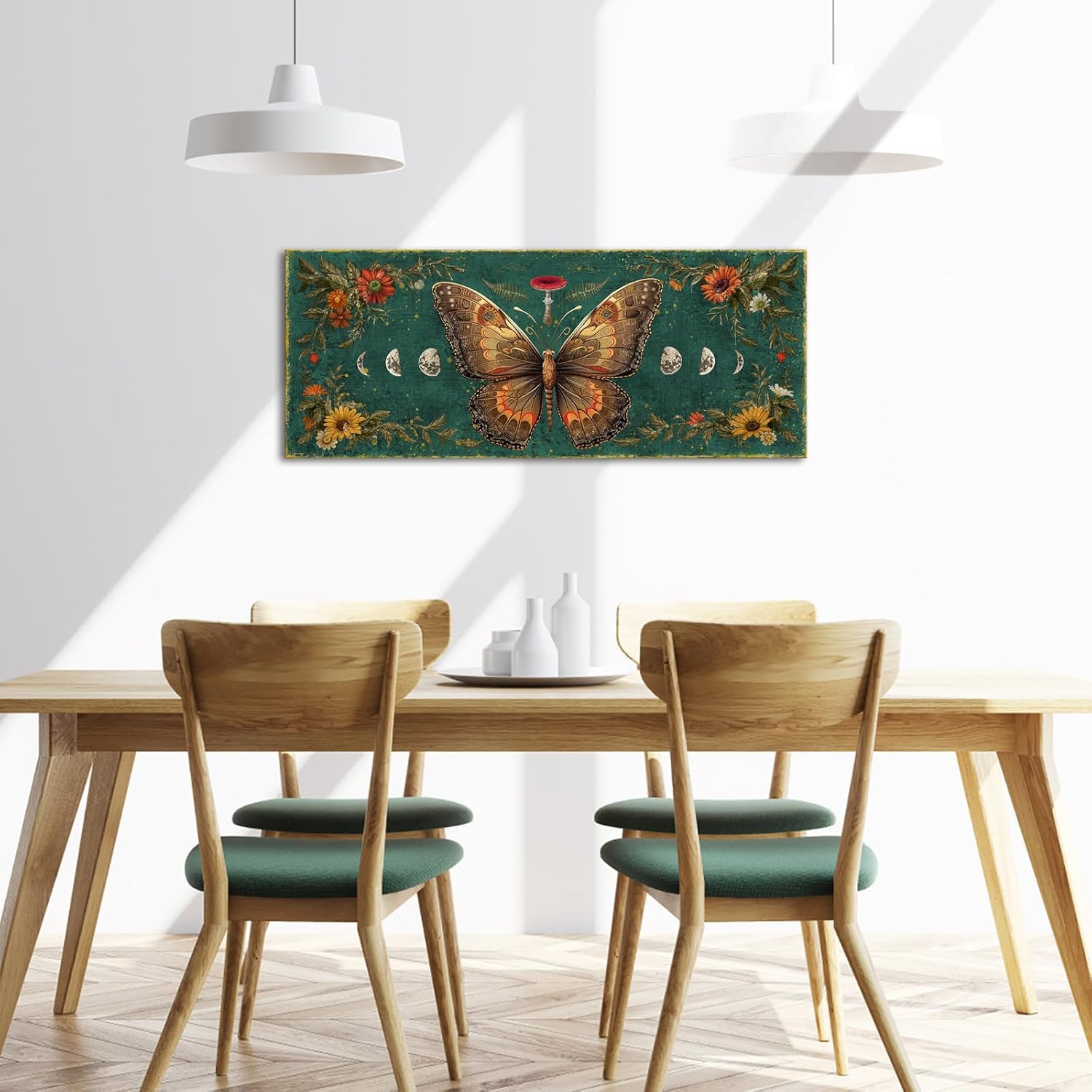 RnnJoile Witchy Canvas Wall Art Gothic Picture Wall Decor Butterfly and Moon Phase Painting Prints Framed 16"x40" Green