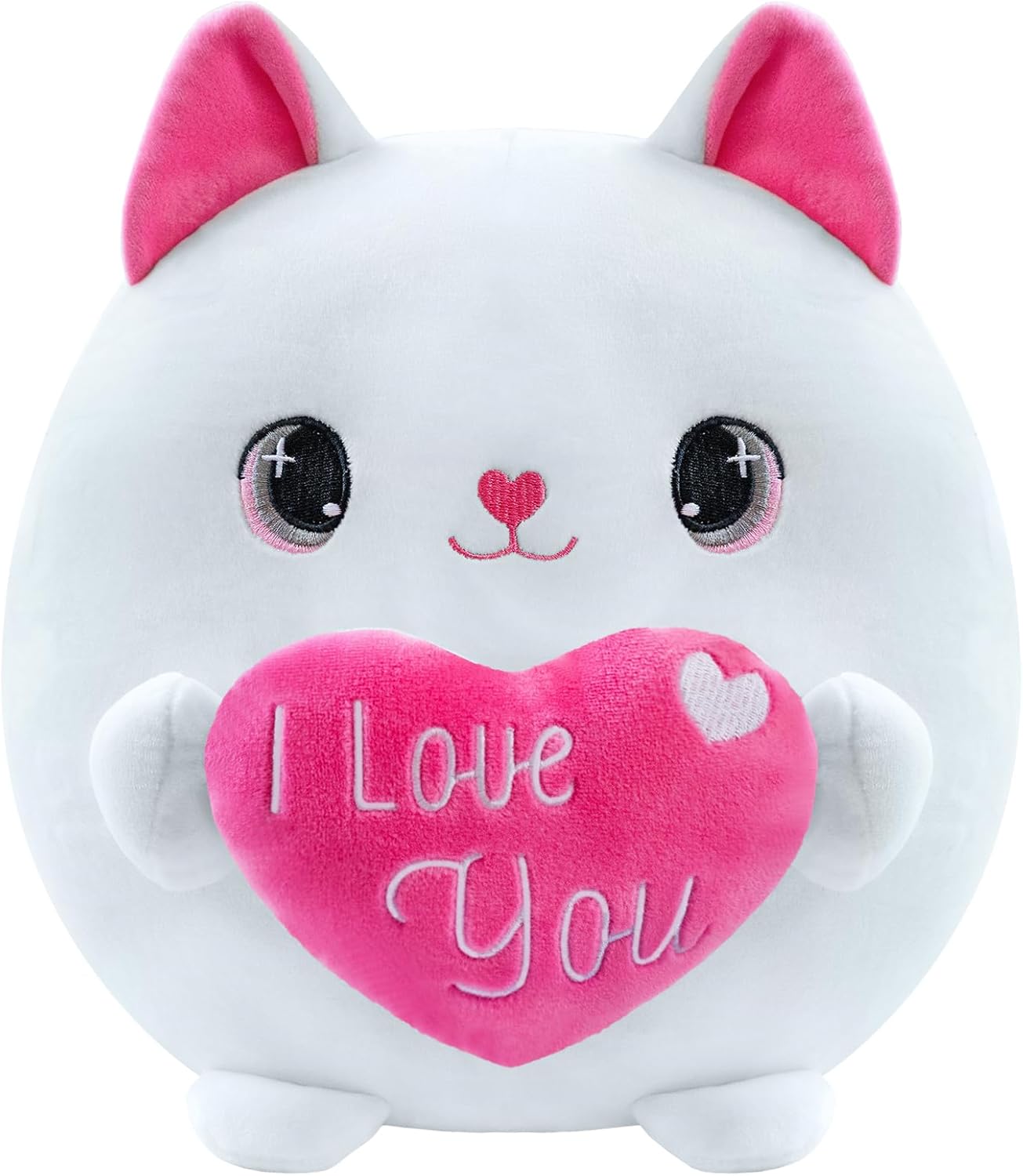 Finebee Cat Plush White Cat Stuffed Animal Toy Holding Heart with I Love You, Valentine Plush with Pink Heart for Mother's Day, Girlfriend Valentine Party Favor(White, 10 Inch)