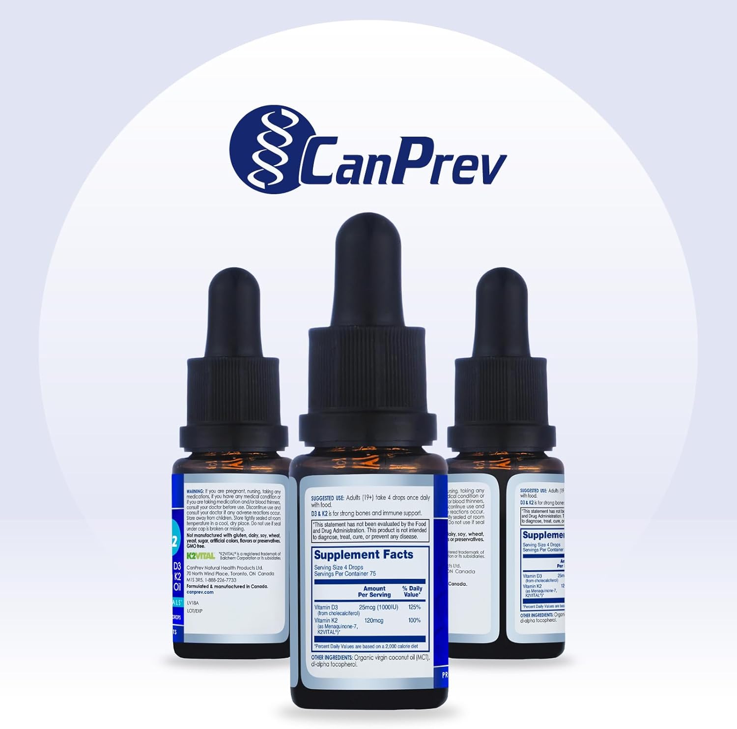 CanPrev D3 & K2 Drops - MCT Oil Base, 15ml Liquid Vitamin Supplement, 450 Drops with 250IU D3 & 30mcg MK-7 K2, Supports Strong Bones & Teeth, Easy-to-Take Formula, Free from Gluten, Dairy, Soy & Sugar