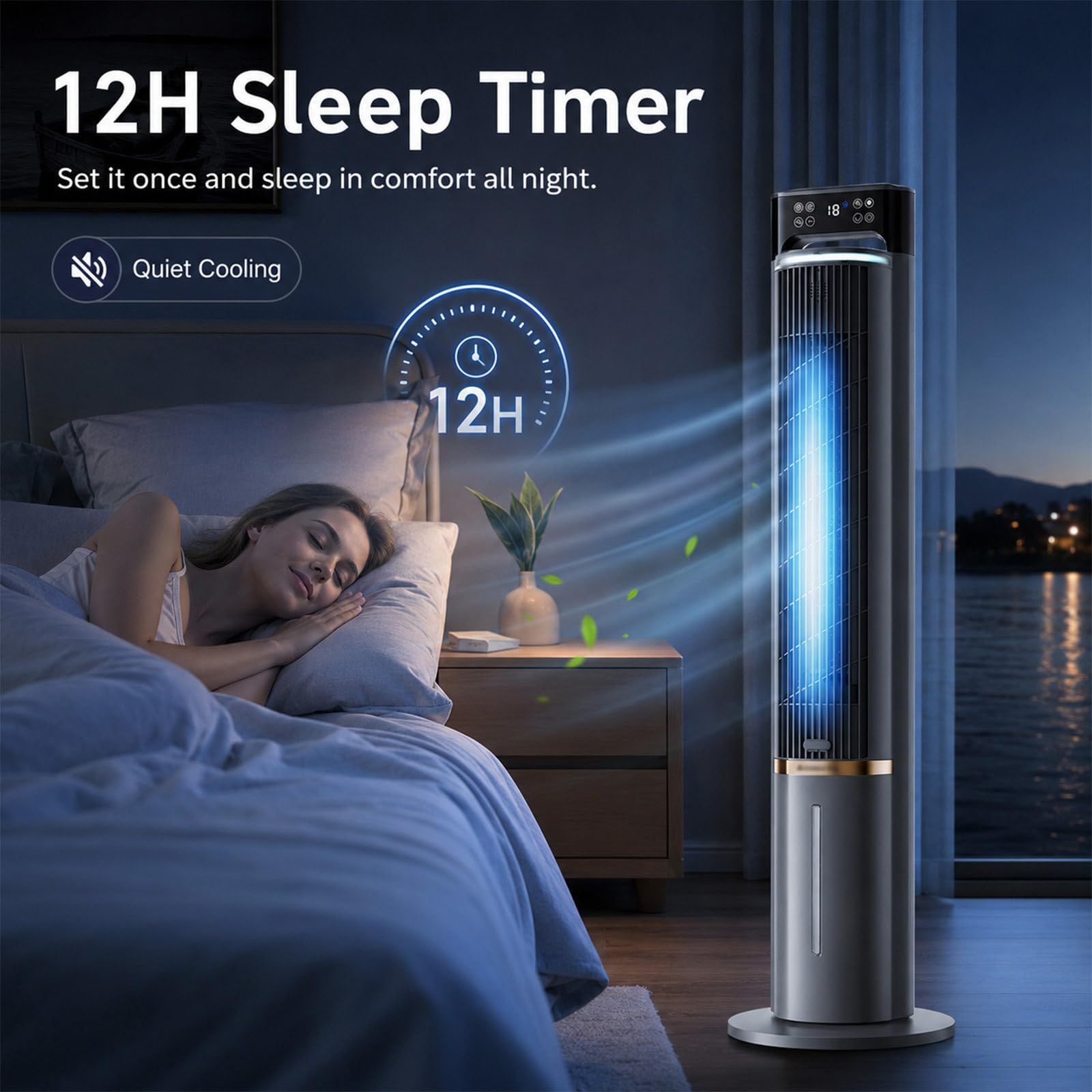 Aire Acondicionado Portátil, Climatizador con 3 Velocidades, Timer 12h | Ventilador de Torre Silencioso con Acumuladores de Hielo, Humidificador, Pantalla Táctil, Mando y Oscilación