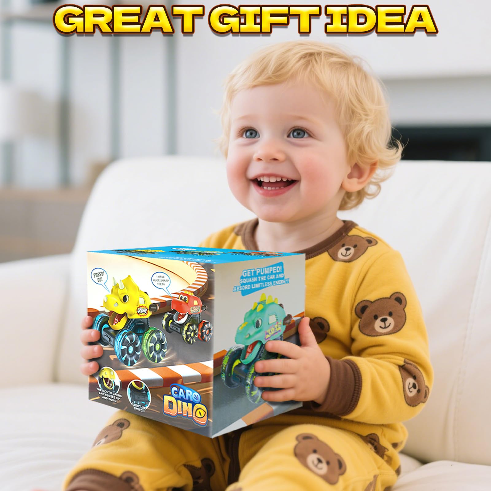 Yellow Triceratops Dino Monster Truck - LED Wheels -7 Yellow Triceratops Dino Monster Truck - LED Wheels -7