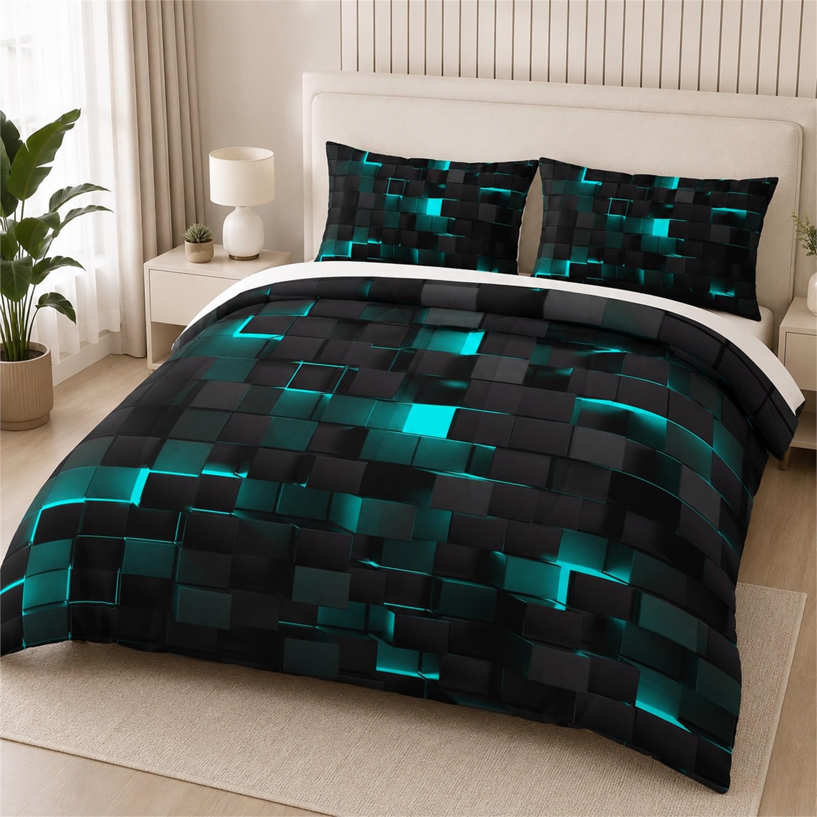 Tabeskly Boys Kids Geometric Square Bedding Geometry Lattice Single Duvet Cover Sets with Zipper Black Neon Blue 135x200 CM — image 1