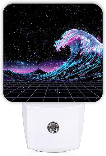 Waves Night Lights Plug Into Wall, Retro Futuristic Stars Mountains Summer Blue Smart Led Plug in Night Lights for Wall Socket for Bedroom Kids Room