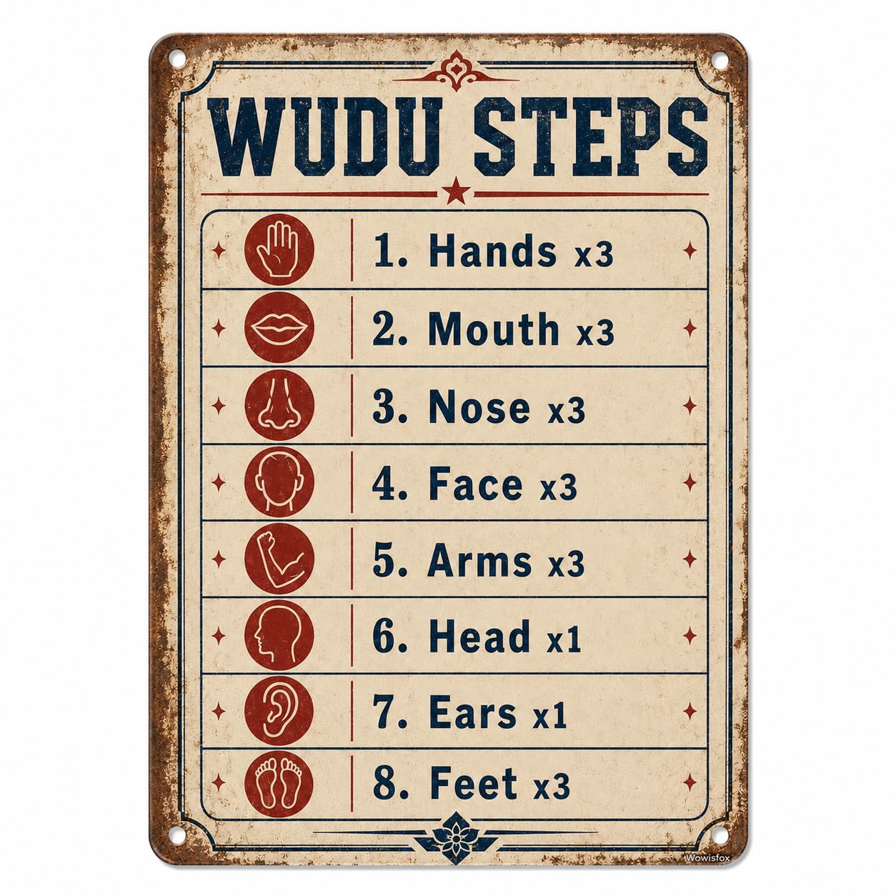 Wudu Steps Reminder Sign, 8 x 12 Inch Aluminum, Mounting Holes