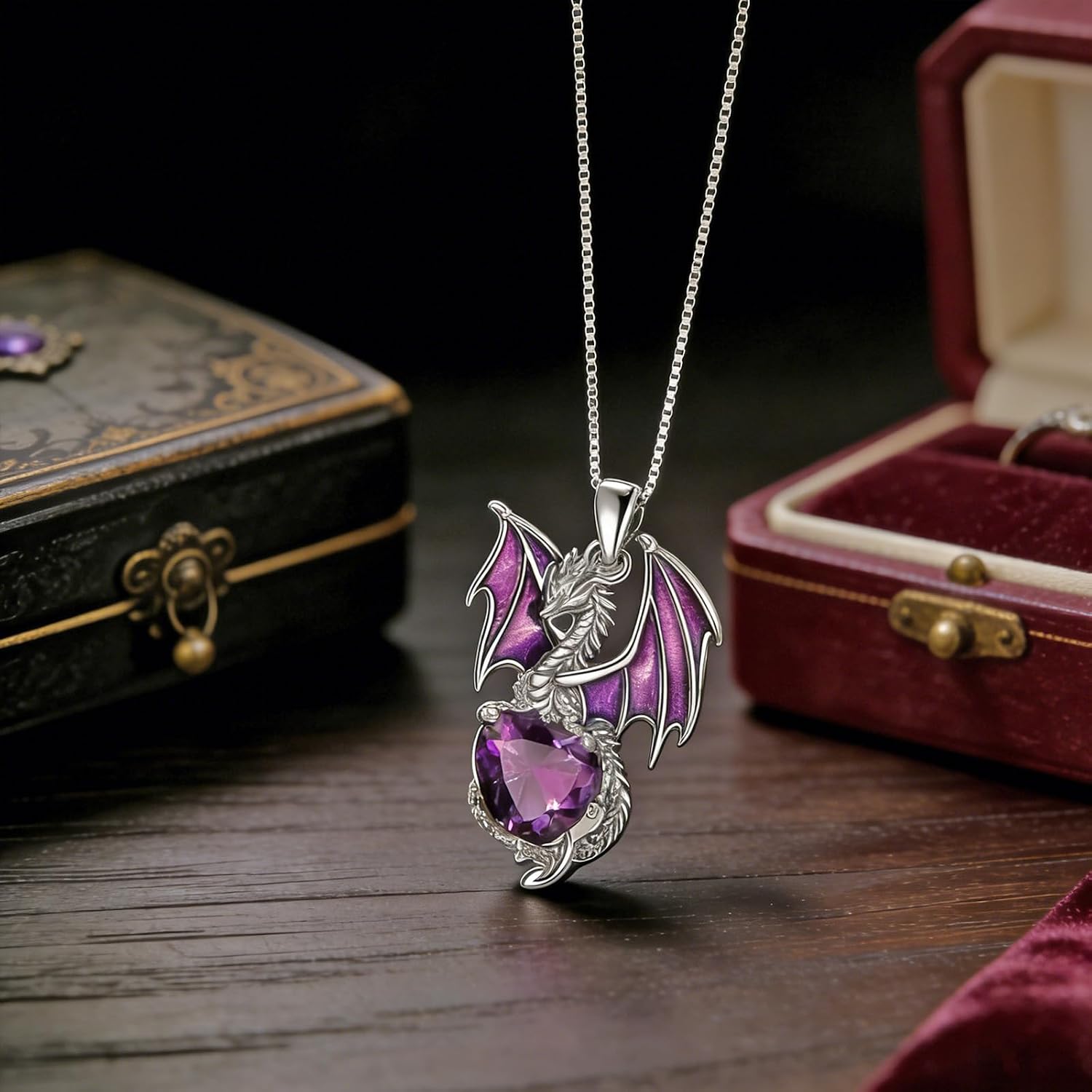Women's Dragon Amethyst Pendant Necklace 925 Sterling Silver, Mystical Gothic Crystal Jewelry Gift for Her