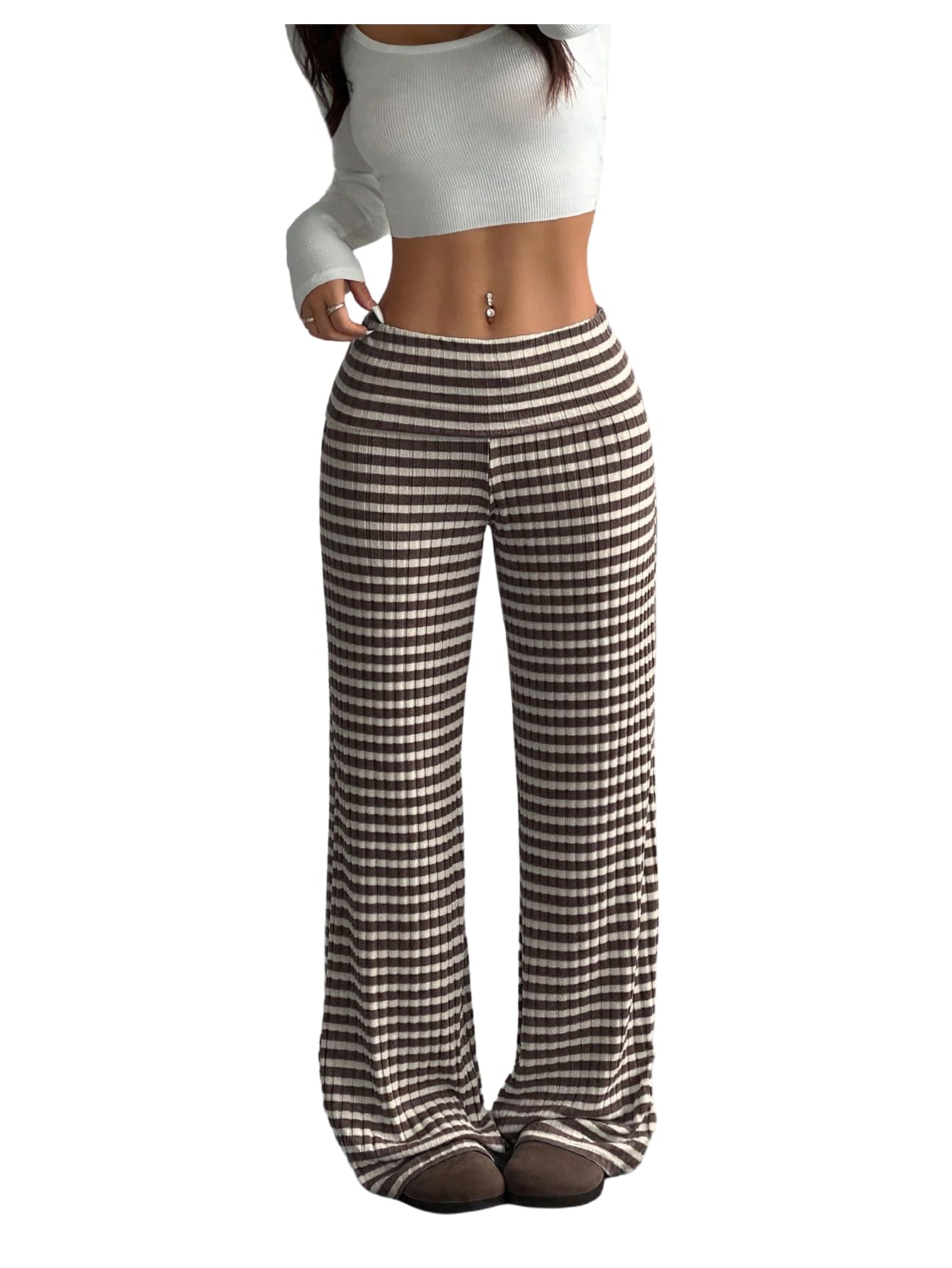 SOLY HUX Womens Plus Size Striped Pants Elastic Waist Wide Leg Knit Lounge Pants Casual Long Trousers