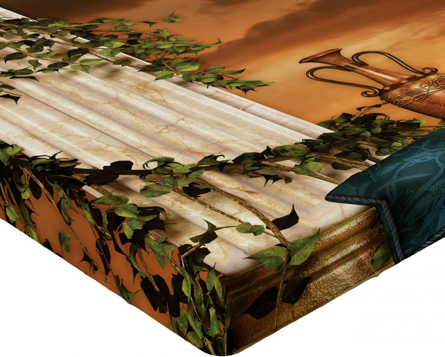 Ambesonne Gothic Fitted Sheet, Greek Style Scene Climber Pillow Fruits Vine and Red Curtain Sunset, Bed Cover with All-Round Elastic Deep Pocket for Comfort, Full Size, Multicolor