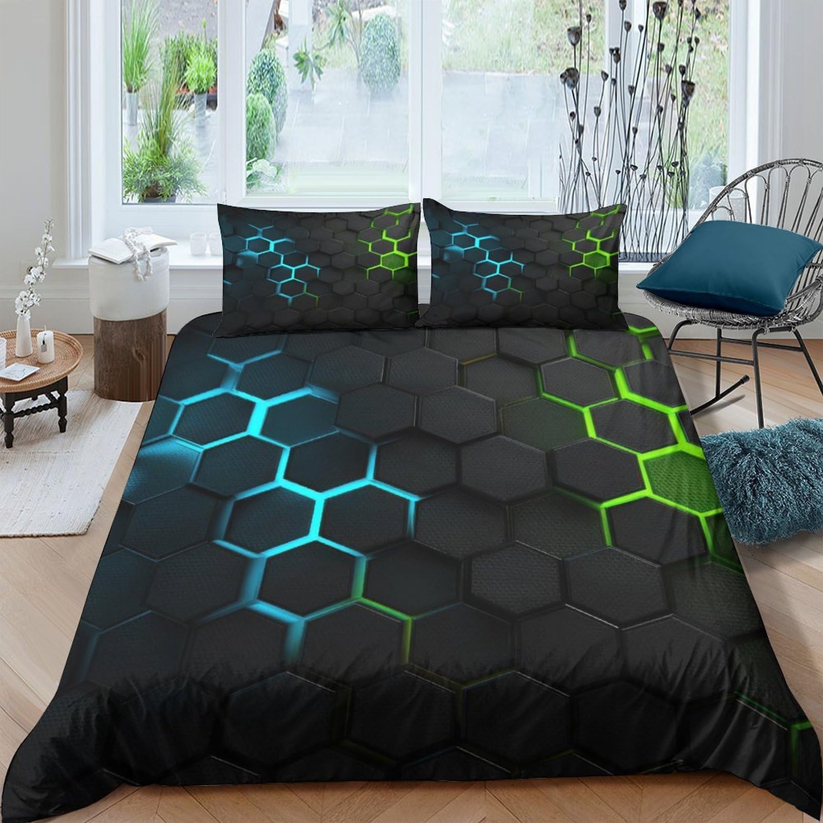Ctjqhvkz Style-3 3D Printed Hexagon Geometric Fitted Sheet Microfiber Soft Breathable Neon Lines Bed Sheet For Bedroom Dorm Mattress Cover Single（135X200cm）