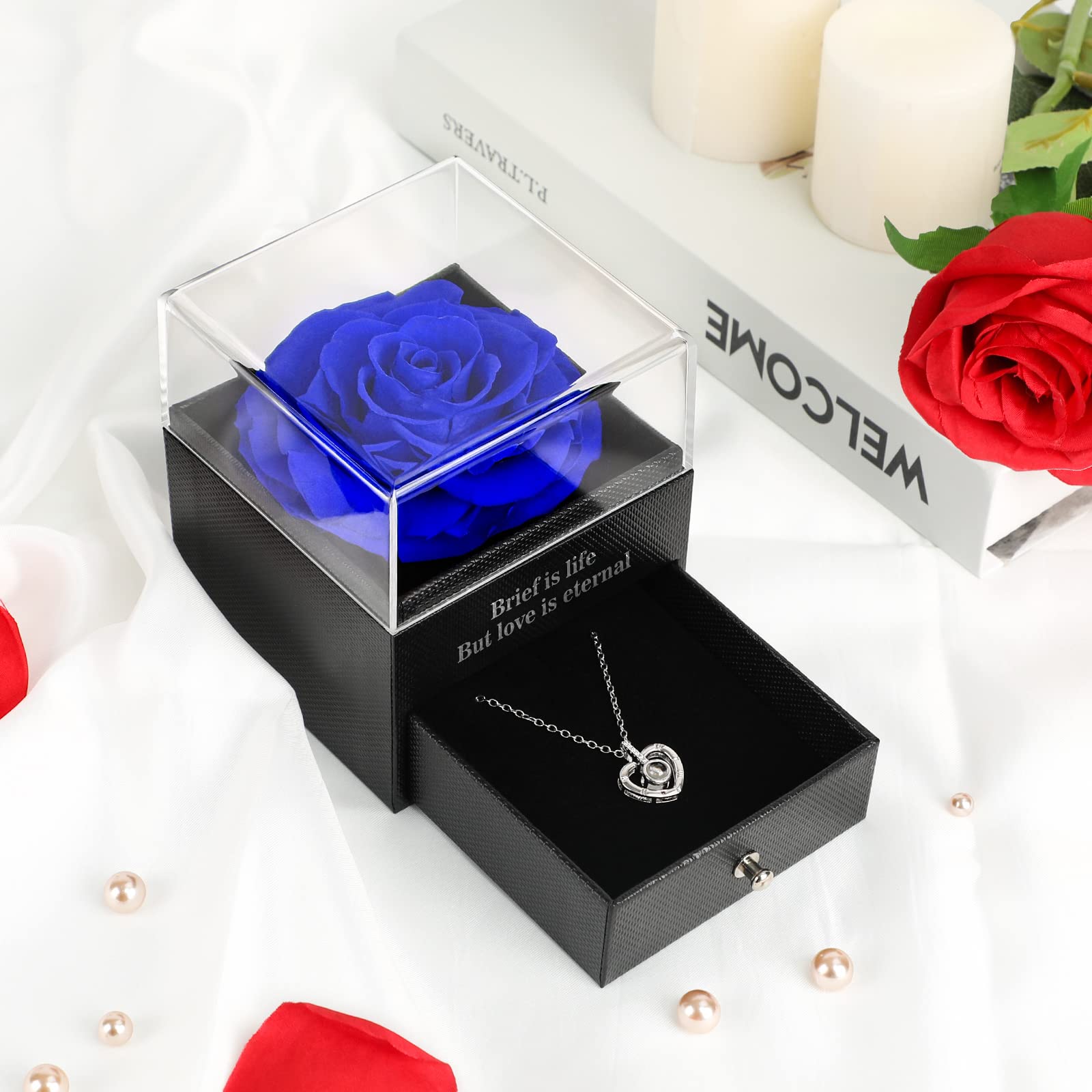 Adaz Women's Silver+Blue Preserved Real Rose, Handmade Eternal Rose For Gifts For Her Girlfriend Wife Mother Present For Birthday, Valentine's Day, Anniversary, Mother's Day, Christmas