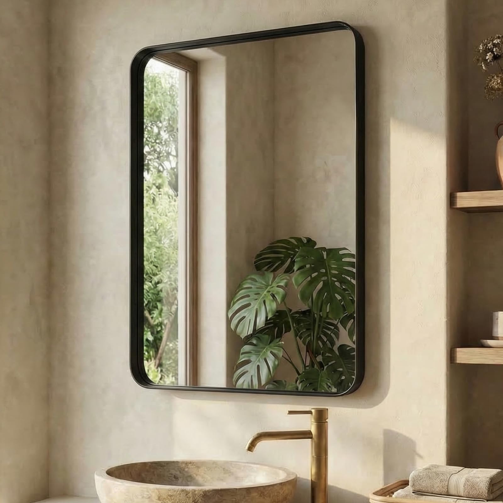 Clevich Espejo de pared rectangular de 90 x 60 cm, vidrio templado irrompible, marco de aluminio negro, espejo para baño/vestidor/sala de estar/decoración de pared