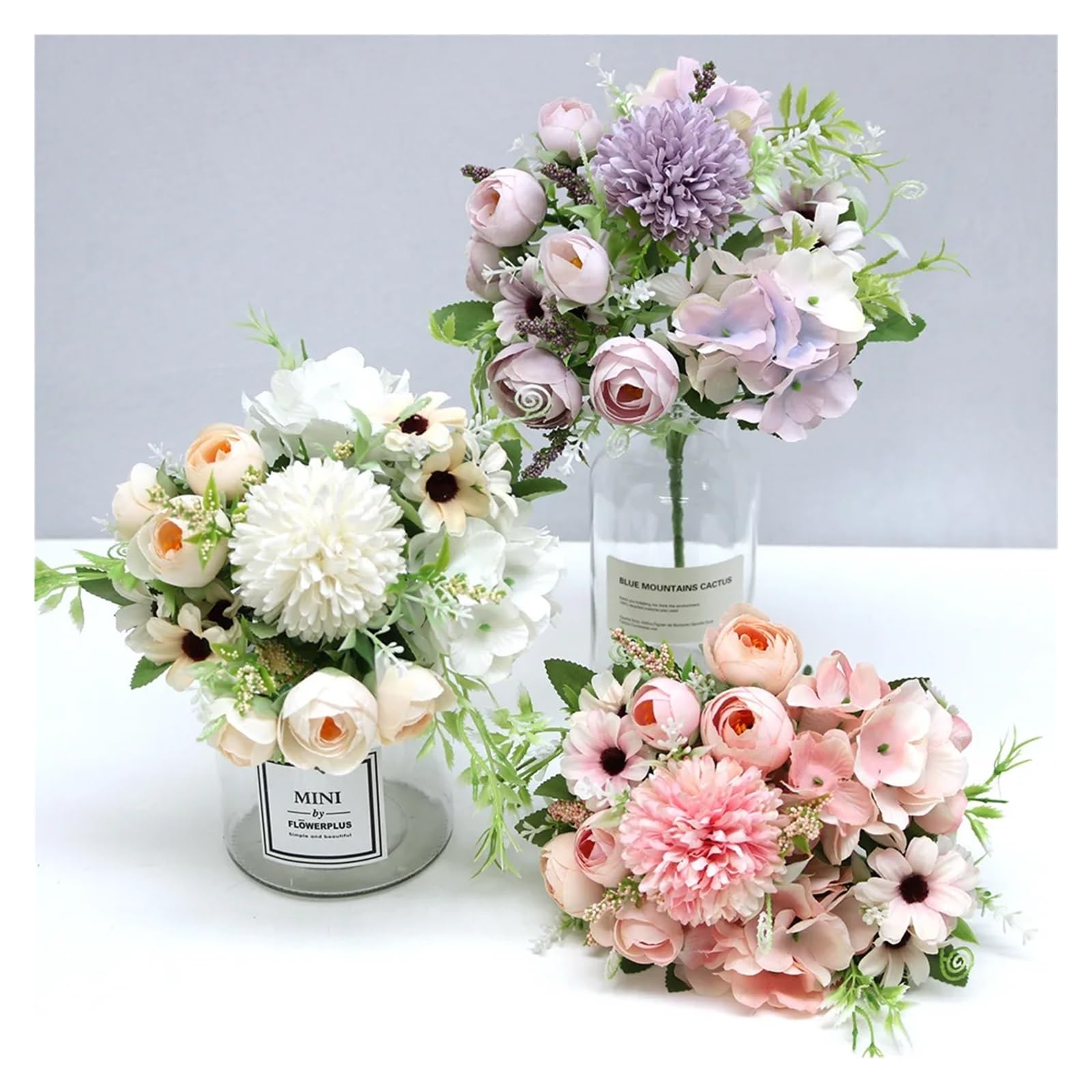 1 mazzo di fiori artificiali, vari bouquet di rose in seta, ortensia peonia, per contenere fiori finti, matrimonio in famiglia (bianco)