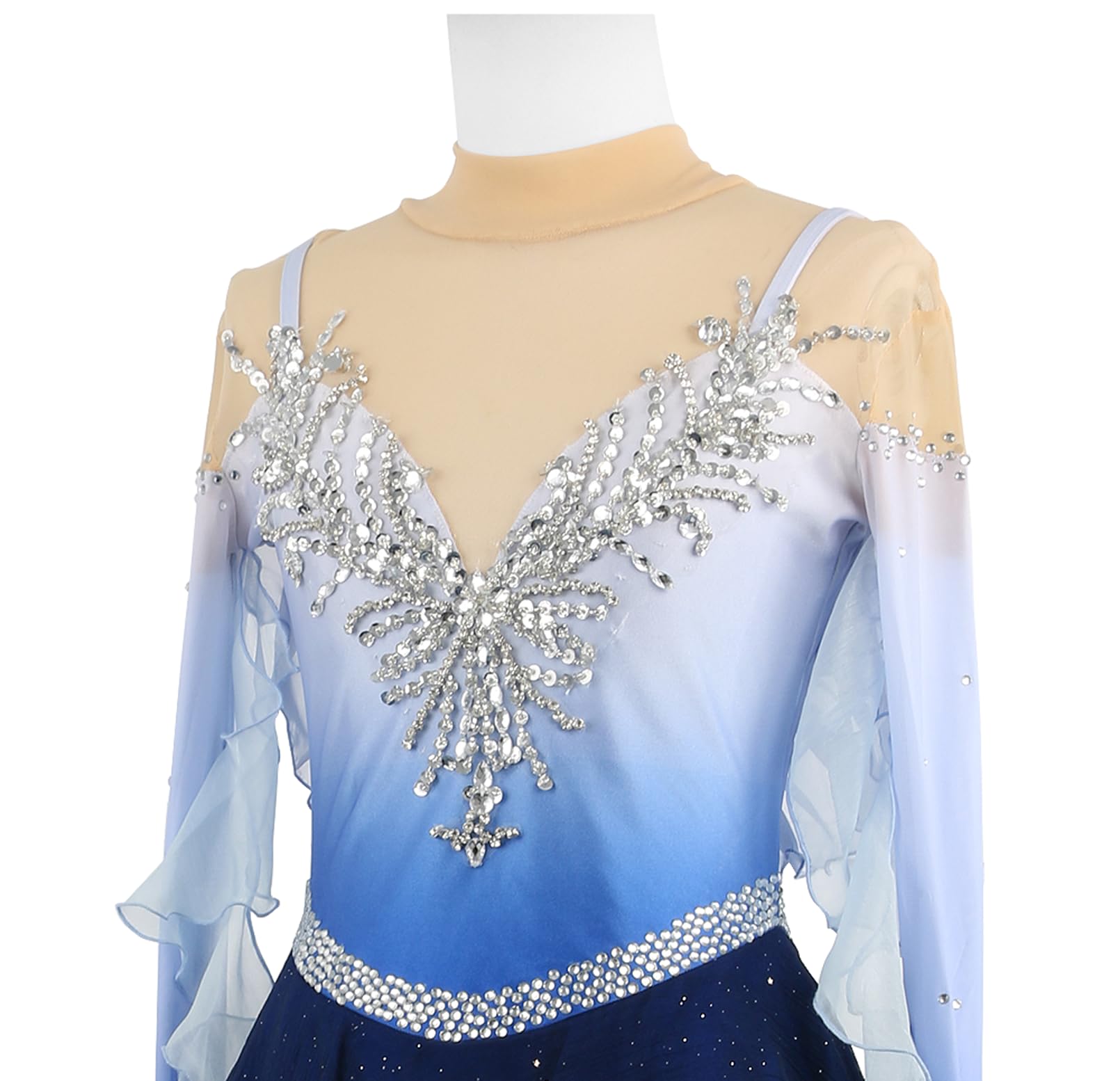 Vestido Patinaje Artistico Niña, Maillot Azul Cinta Manga Larga Mujer de Lentejuelas Rhinestone, Vestido De Baile Lírico Maillot