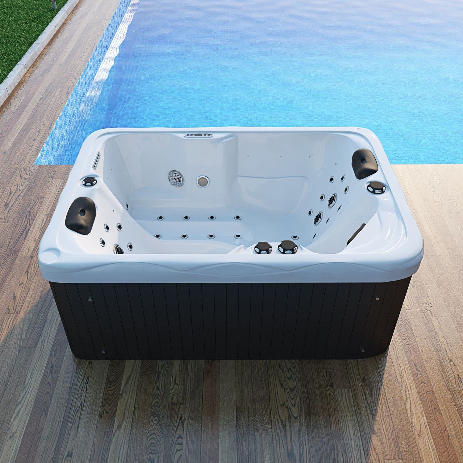 Tronitechnik® Outdoor Whirlpool, 2,2kW Pumpe, 3kW Heizung - Maße 190 x 135 x 77cm - Inkl. Heizung, 41 Massagedüsen und 16 Lichtquellen | Außen Whirlpool Spa für 2 Personen