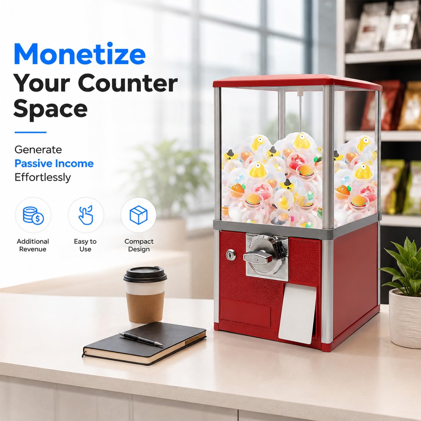 Distributore Automatico a Monete per Capsule, Vending Machine Commerciale con Capacità 200 Capsule e Cassaforte da 800 Monete, Dispenser Caramelle da Banco per Negozi Sale Giochi(Blue)