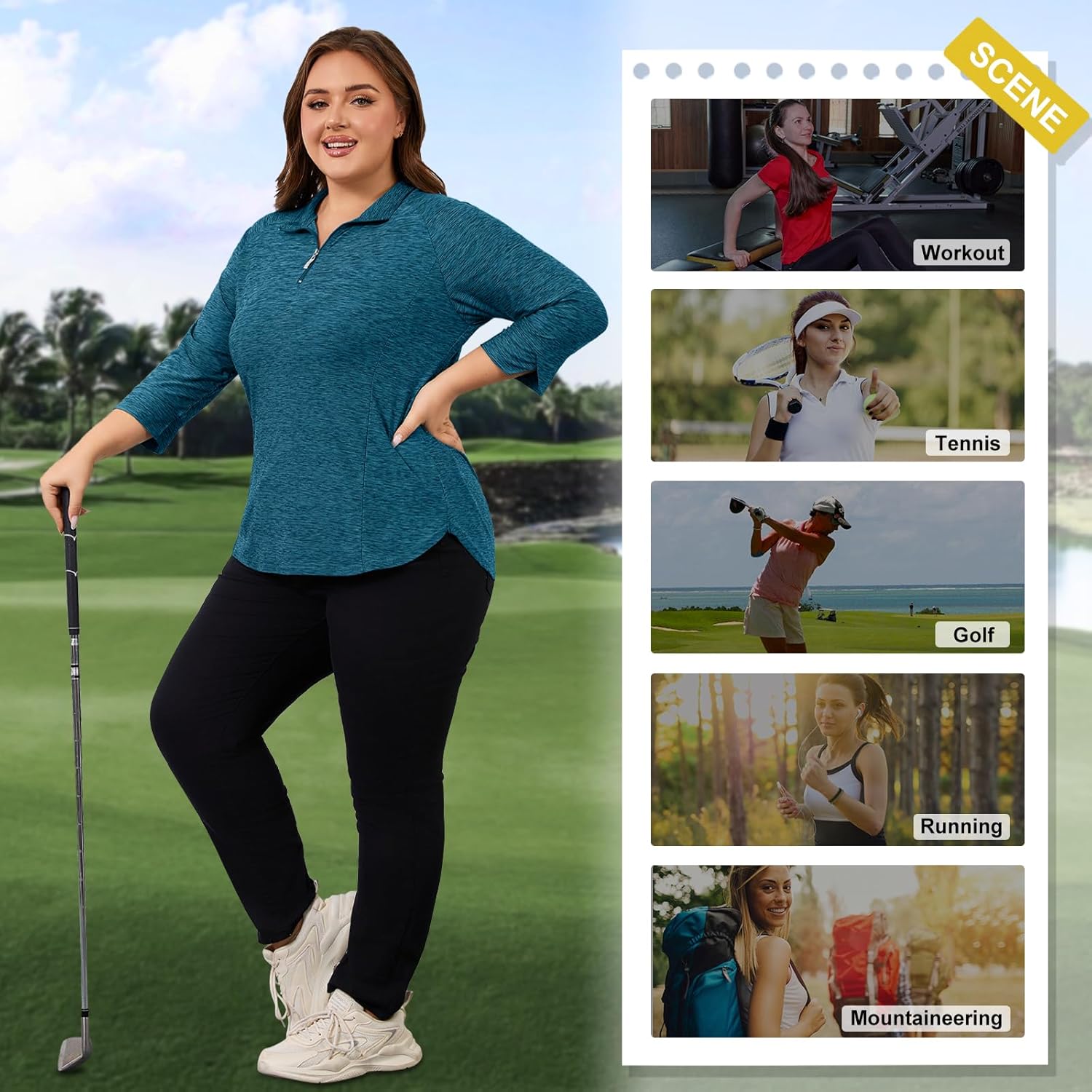 Cucuchy Style Plus Size Womens Golf Shirt 3/4 Sleeve Quarter Zip Workout Tops UPF 50+ Shirts - Image 5