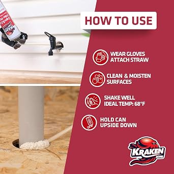 Kraken Bond Gaps & Cracks Expanding Foam Sealant - (12x24oz) High Expansion Polyurethane Spray Foam for Window & Door, Straw Use Waterproof High Yield Gap Filler - 12 Pack
