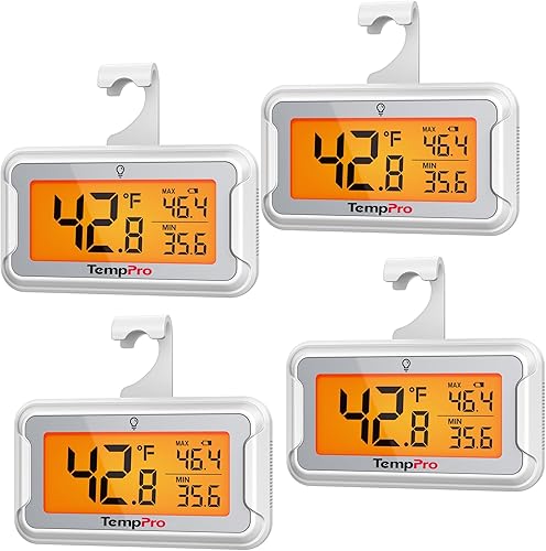 TempPro Refrigerator Thermometer 4 Pack with Large Backlit LCD Display, Waterproof Freezer Fridge Thermometer with Max/Min Record, Easy Battery