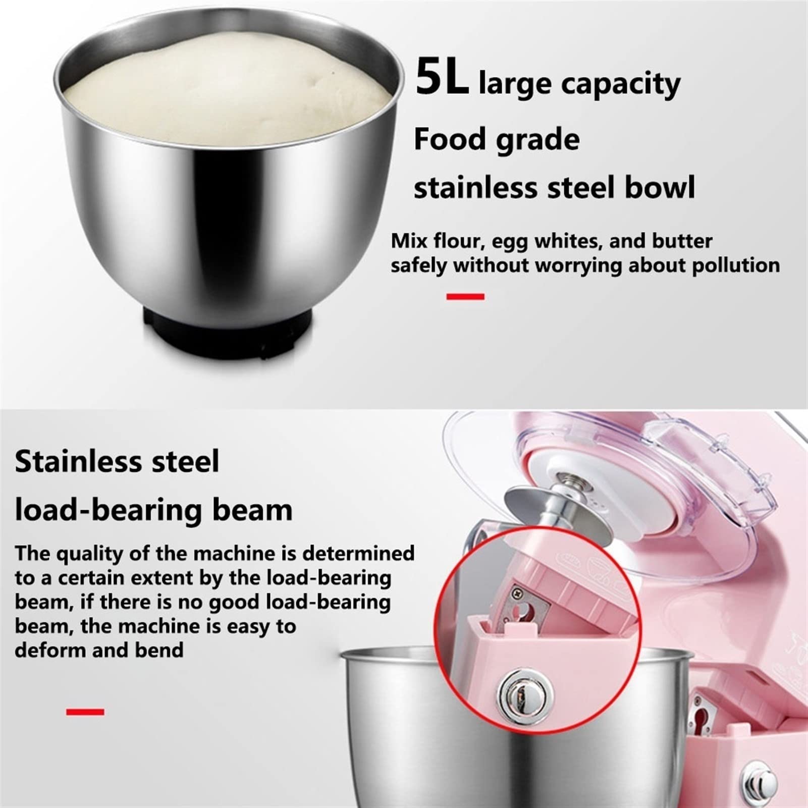Batidora De Pie con Bol De 5L Batidora Eléctrica De Cocina para Hornear Pasteles Y Helados Diseño De Bajo Ruido (Color : White)