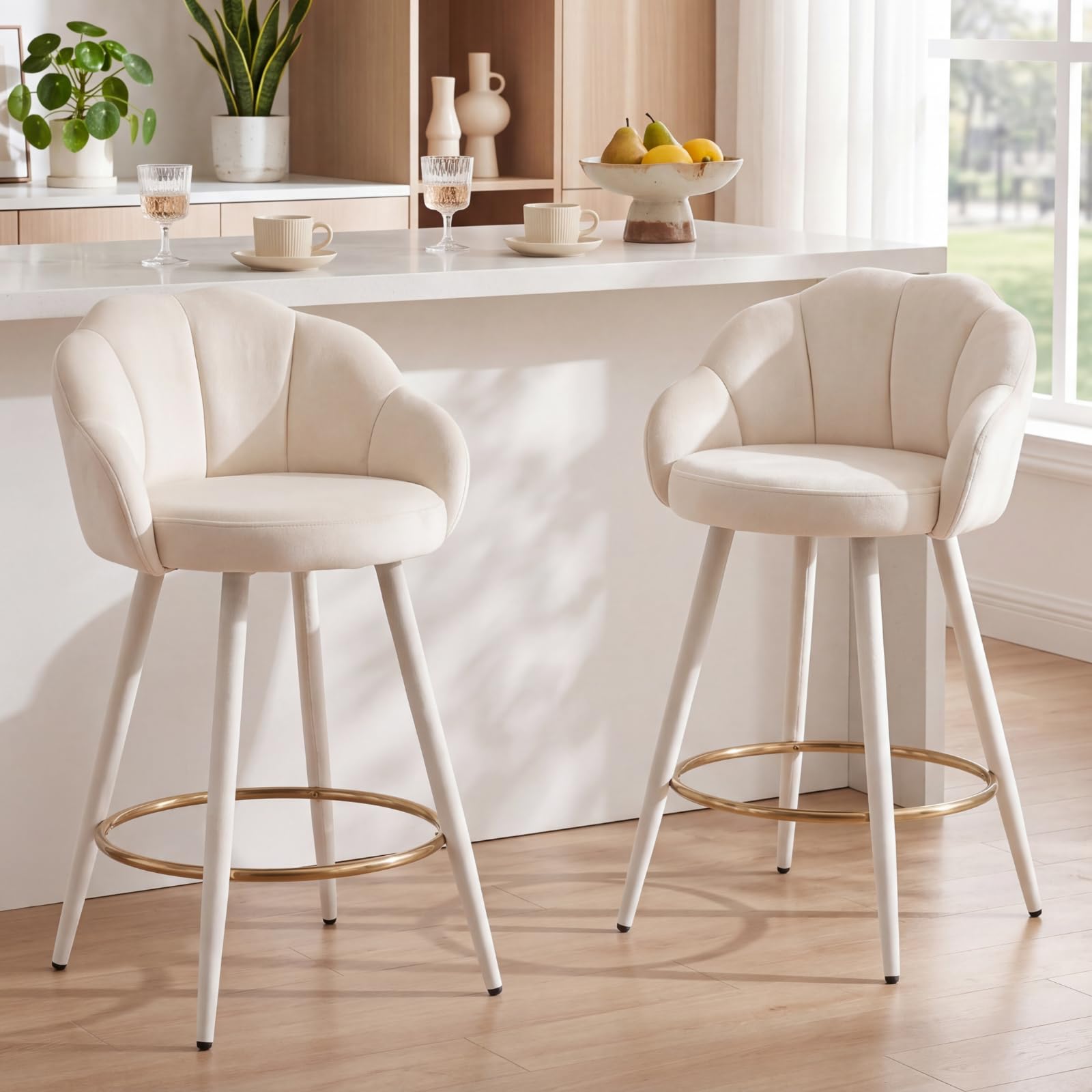 Ya-Home Set di 2 Sgabelli Cucina in Velluto con Poggiapiedi, Beige