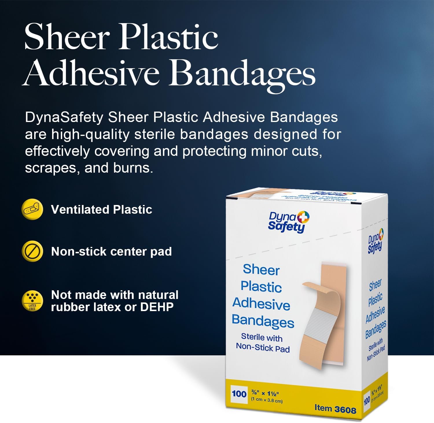 Dynarex Sheer Plastic Adhesive Bandages Water-Resistant and Sterile Non-Stick Pad First Aid Covers Minor Cuts Scratches - 3/8" x 1 1/2" Junior, 1 Roll of 5000