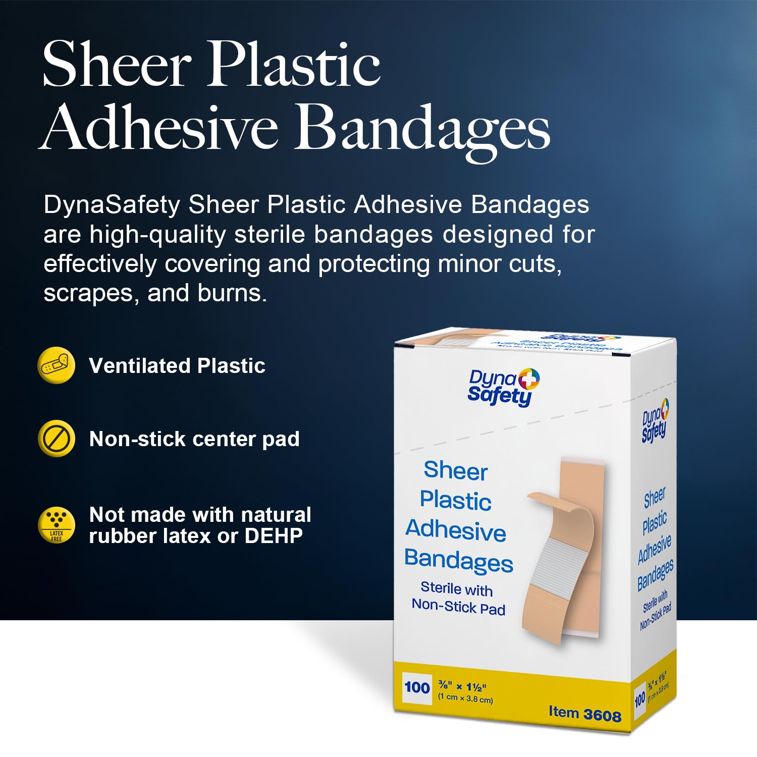 Dynarex Sheer Plastic Adhesive Bandages Water-Resistant and Sterile Non-Stick Pad First Aid Covers Minor Cuts Scratches - 3/8" x 1 1/2" Junior, Case of 36 Boxes, 100 per Box