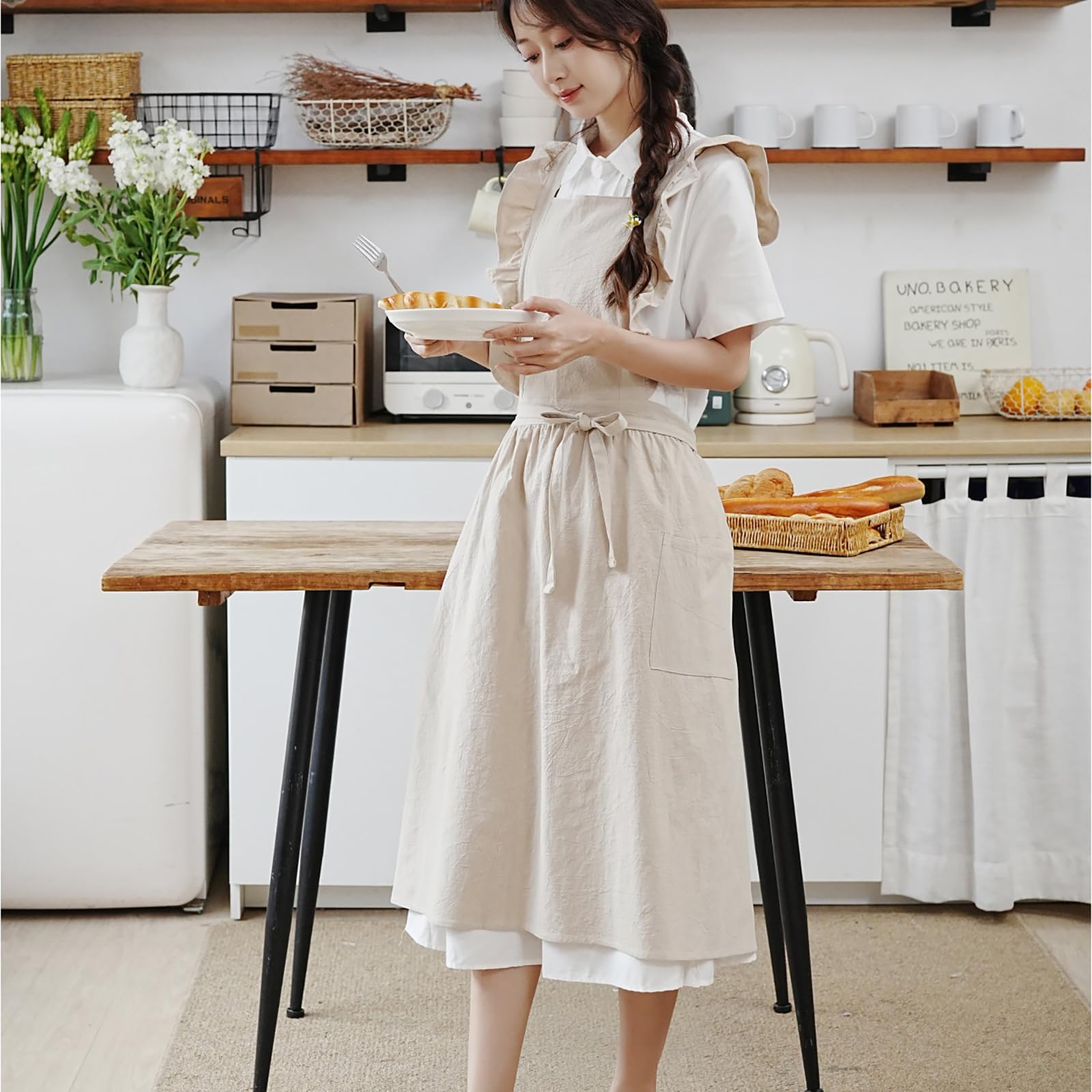 Tablier vintage en coton résistant aux taches avec poches pour la cuisine, la peinture, la pâtisserie